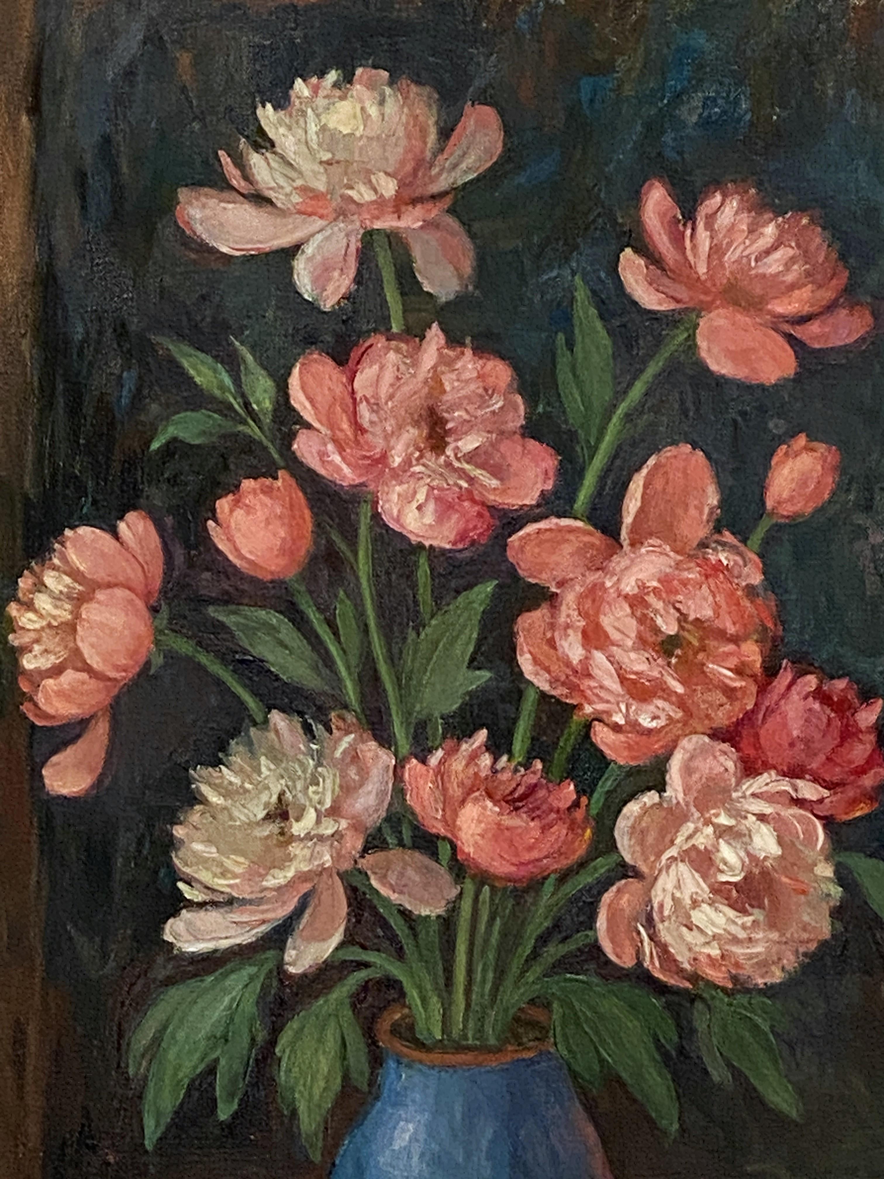 Peinture à l'huile sur toile d'un bouquet floral dans un vase bleu (H 24 x L 18) en vente 1