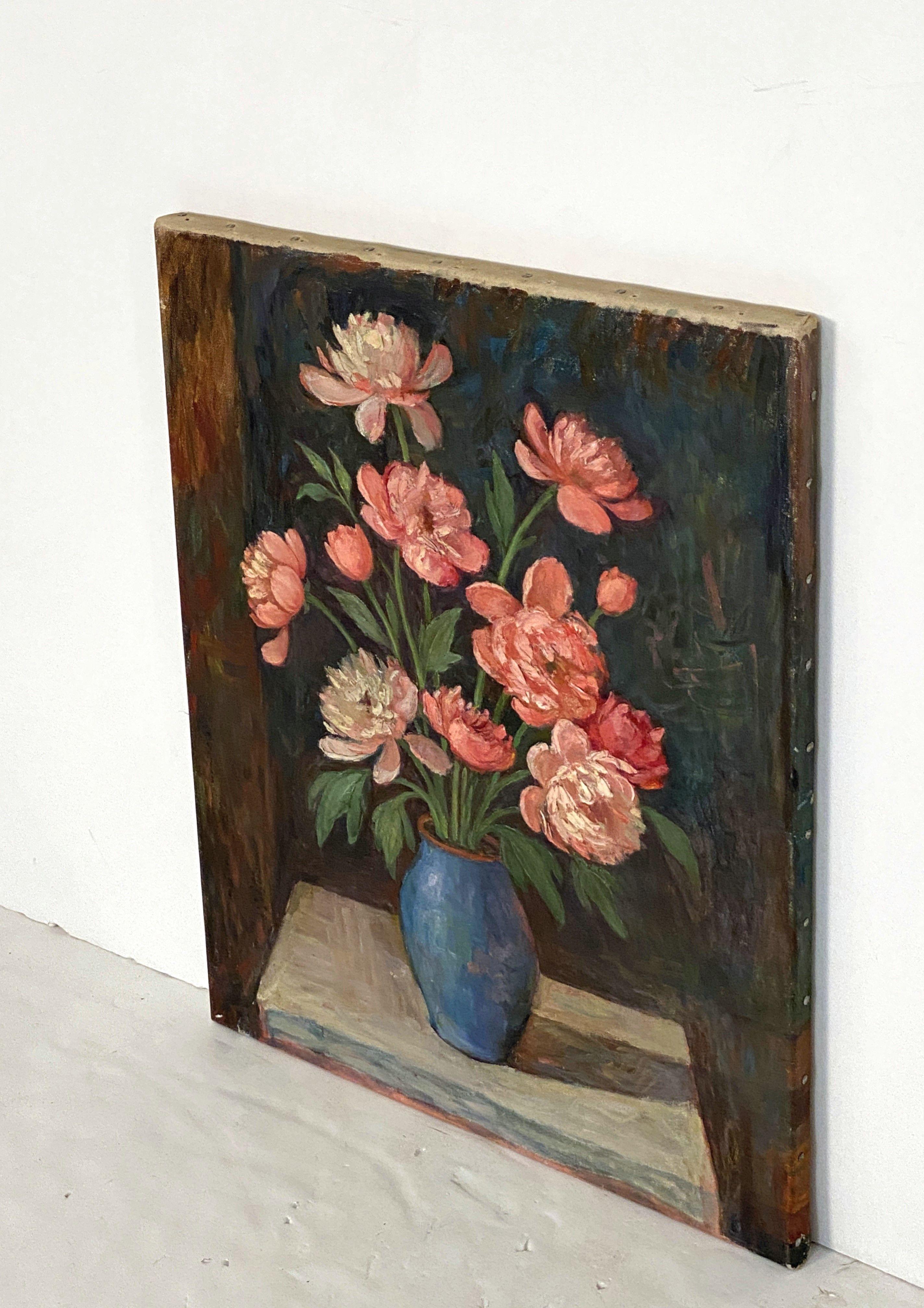 Peinture à l'huile sur toile d'un bouquet floral dans un vase bleu (H 24 x L 18) en vente 2