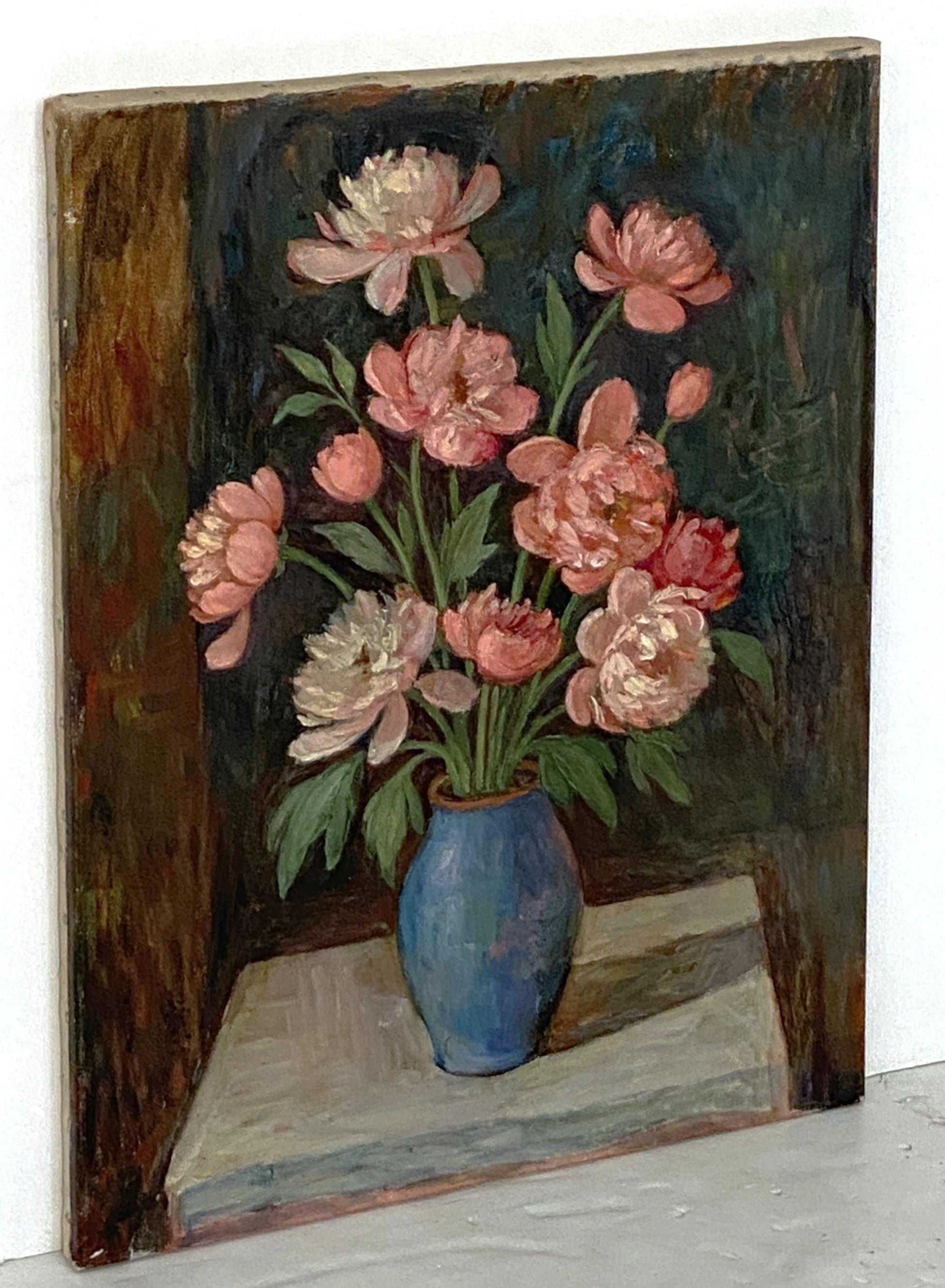 Peinture à l'huile sur toile d'un bouquet floral dans un vase bleu (H 24 x L 18) en vente 3