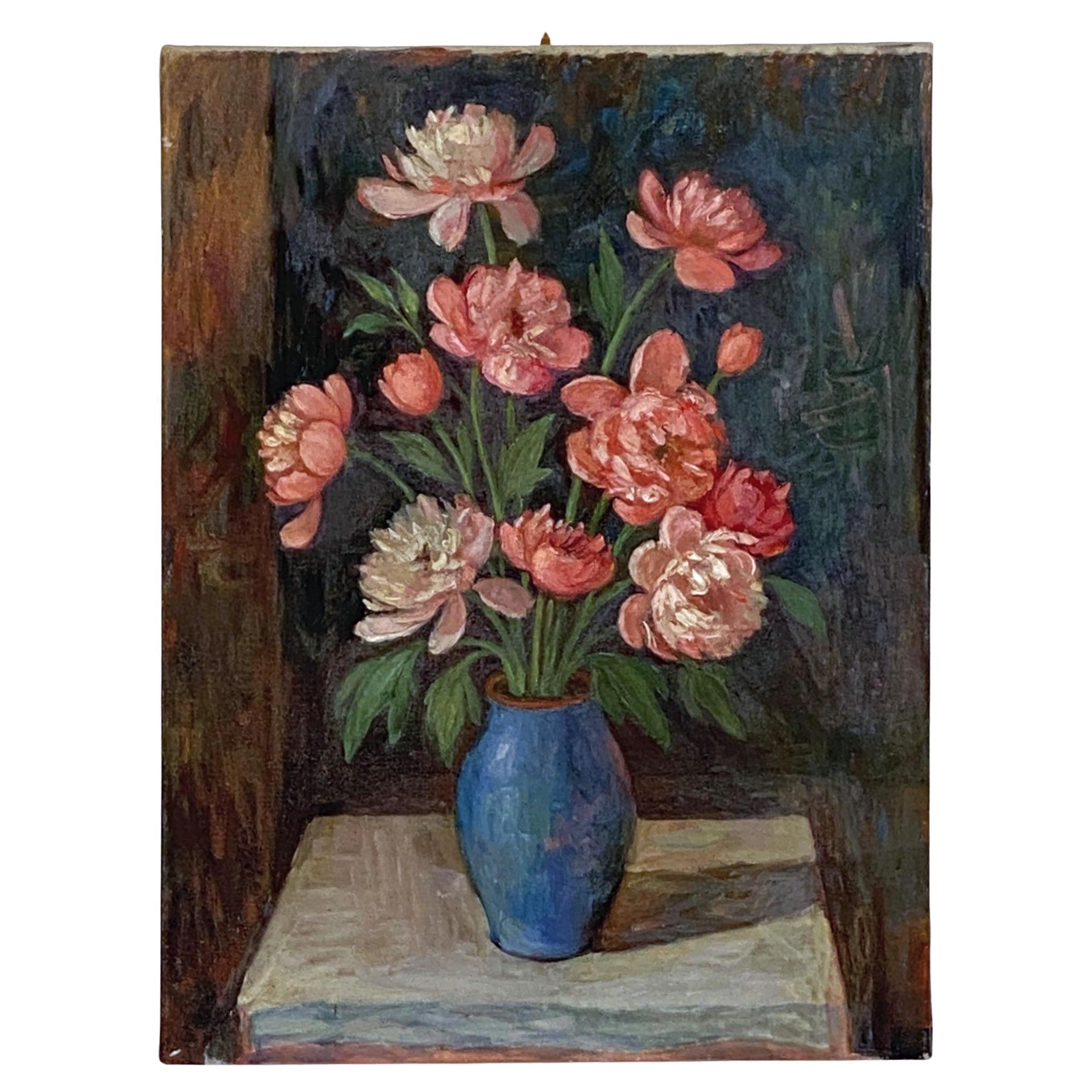 Peinture à l'huile sur toile d'un bouquet floral dans un vase bleu (H 24 x L 18) en vente