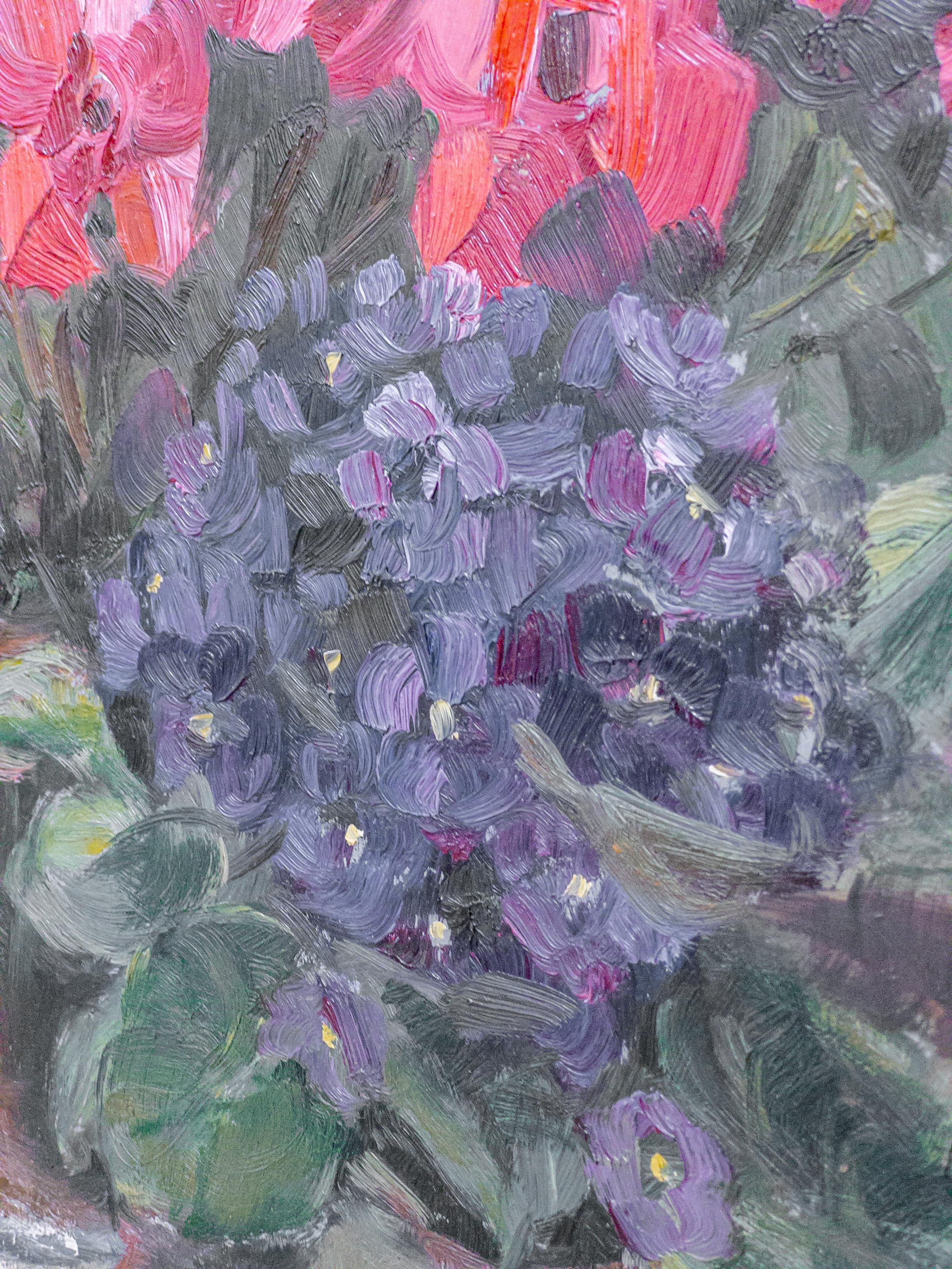 French Oil Painting on Canvas of Violets In Good Condition For Sale In Houston, TX