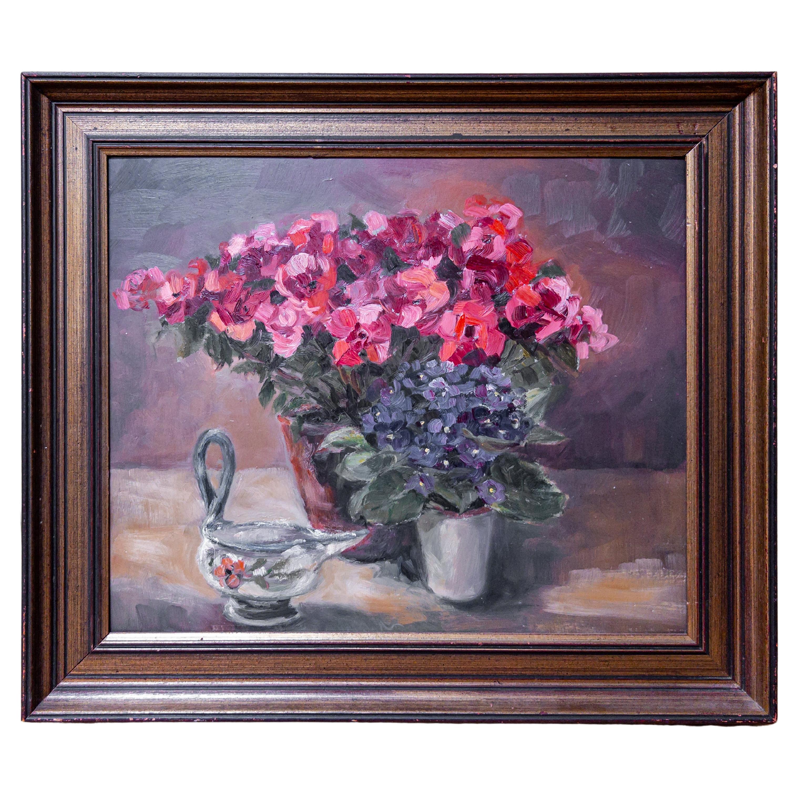 French Oil Painting on Canvas of Violets For Sale