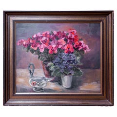Vintage French Oil Painting on Canvas of Violets