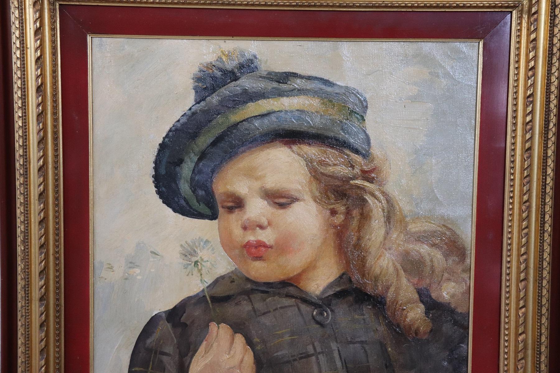 Oil painting on canvas beautiful Portrait of a baby excellent pictorial quality. The painting is French dated 1919 and signed by the artist. The painting presents all the characteristics of impressionist taste. Perfect use of colors the baby is made