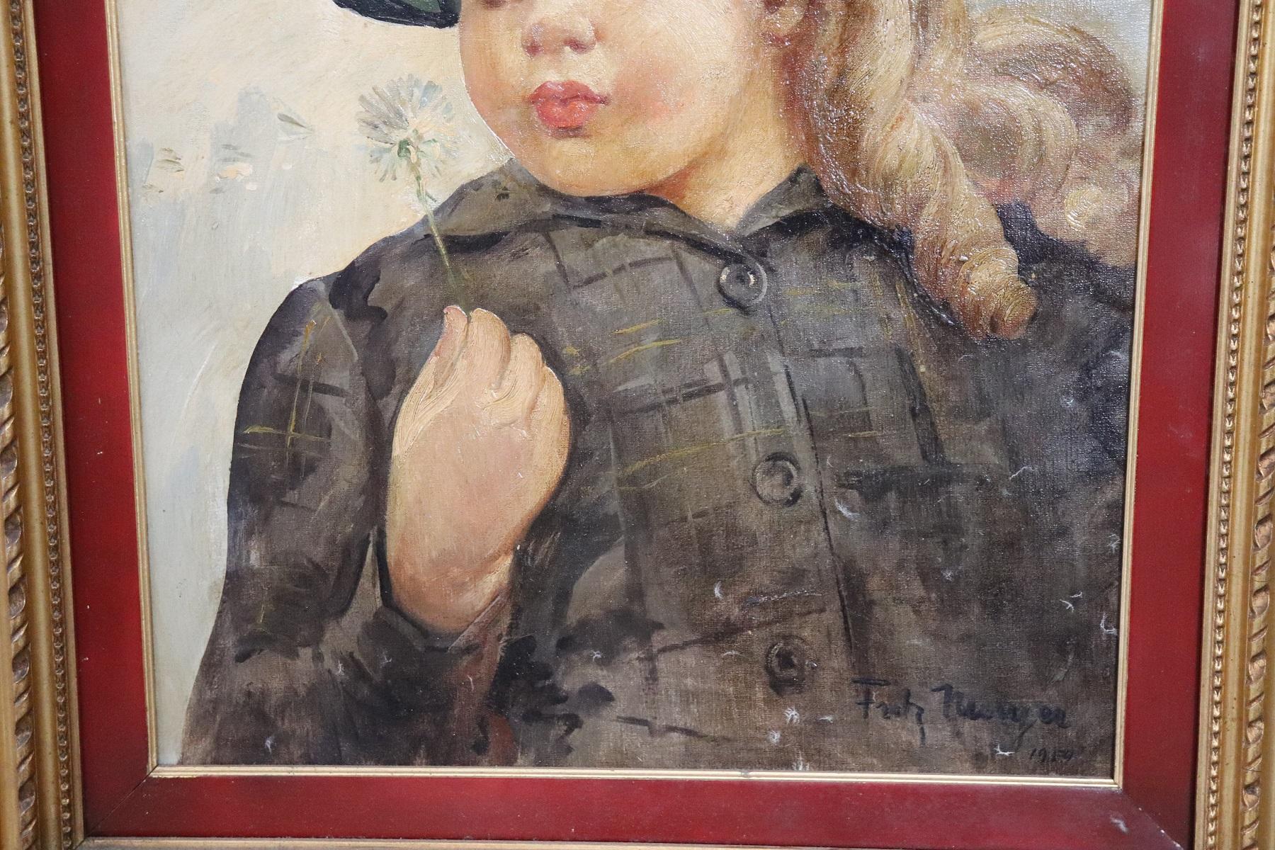 Oiled French Oil Painting on Canvas Signed and Dated Portrait of a Baby, 1919s