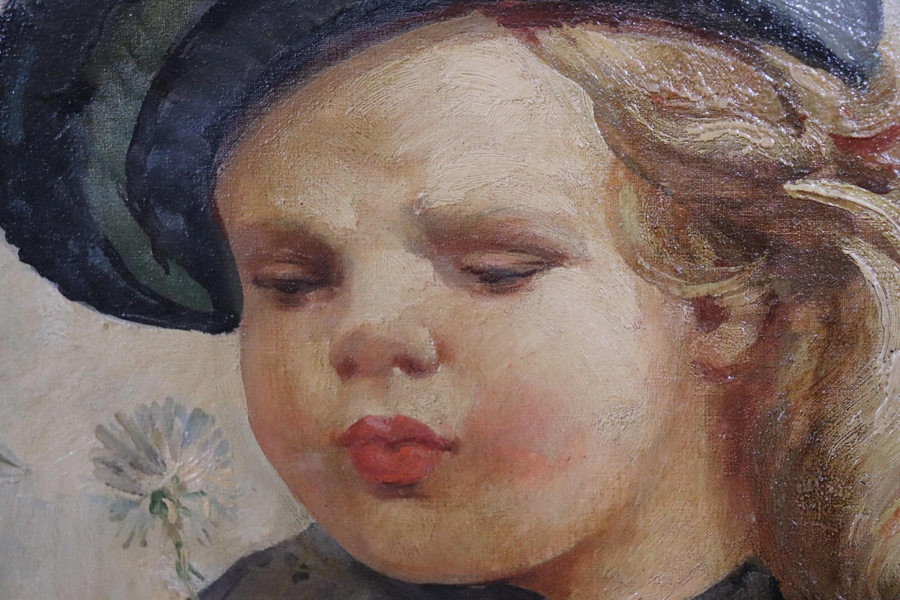 Early 20th Century French Oil Painting on Canvas Signed and Dated Portrait of a Baby, 1919s