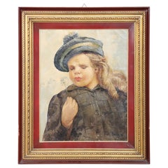 French Oil Painting on Canvas Signed and Dated Portrait of a Baby, 1919s