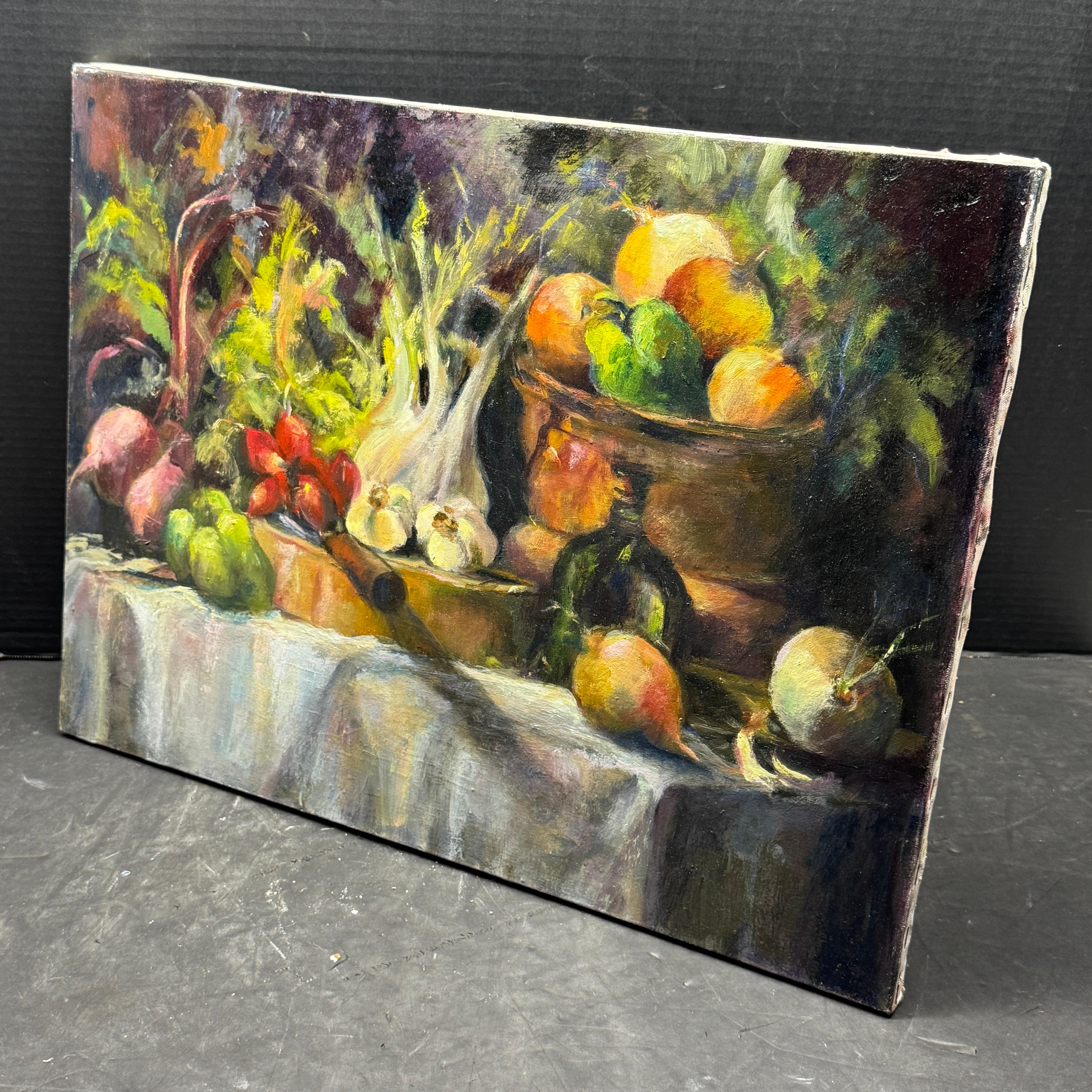 Pittura a olio francese su tela Natura morta con verdure in vendita 5