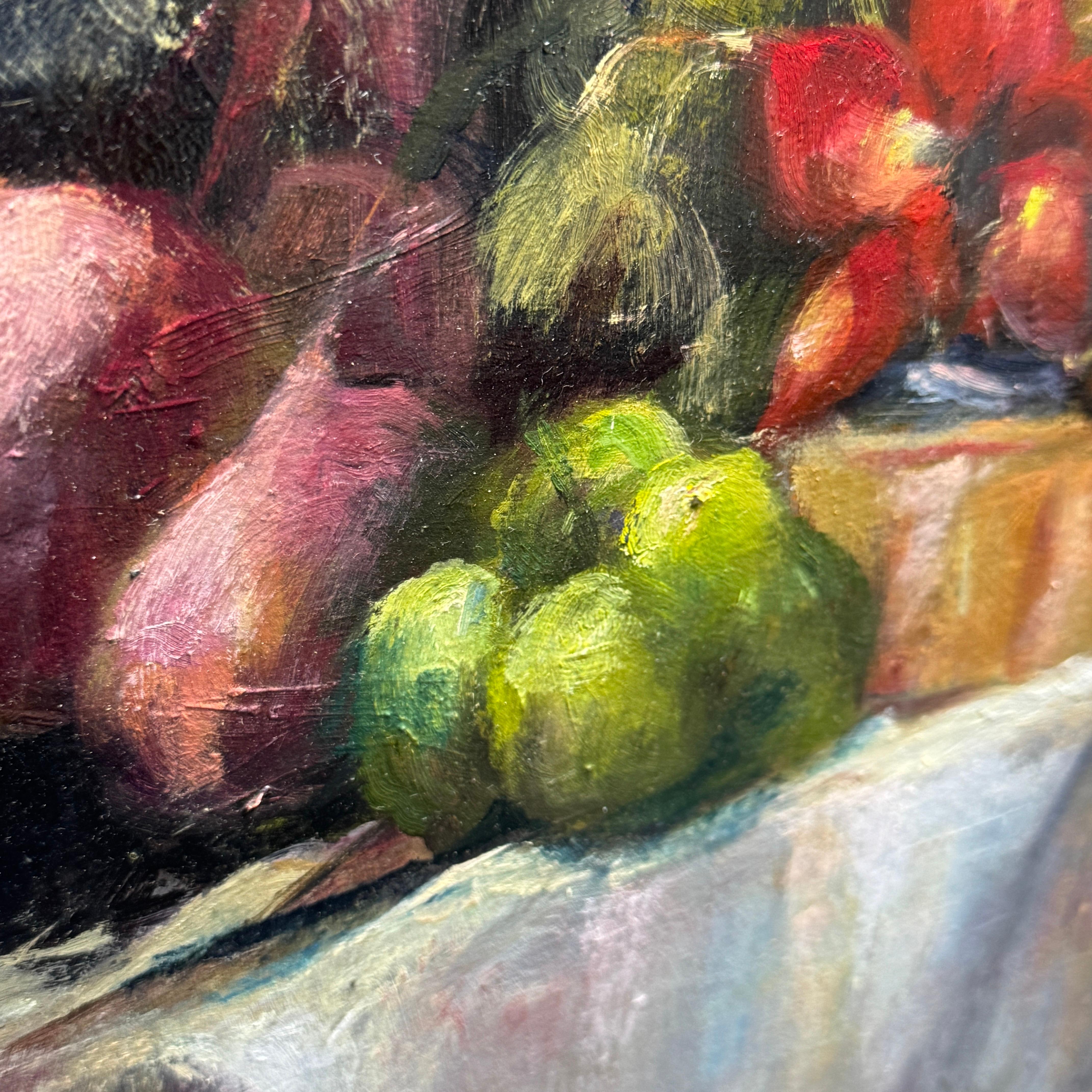 Pittura a olio francese su tela Natura morta con verdure in vendita 9