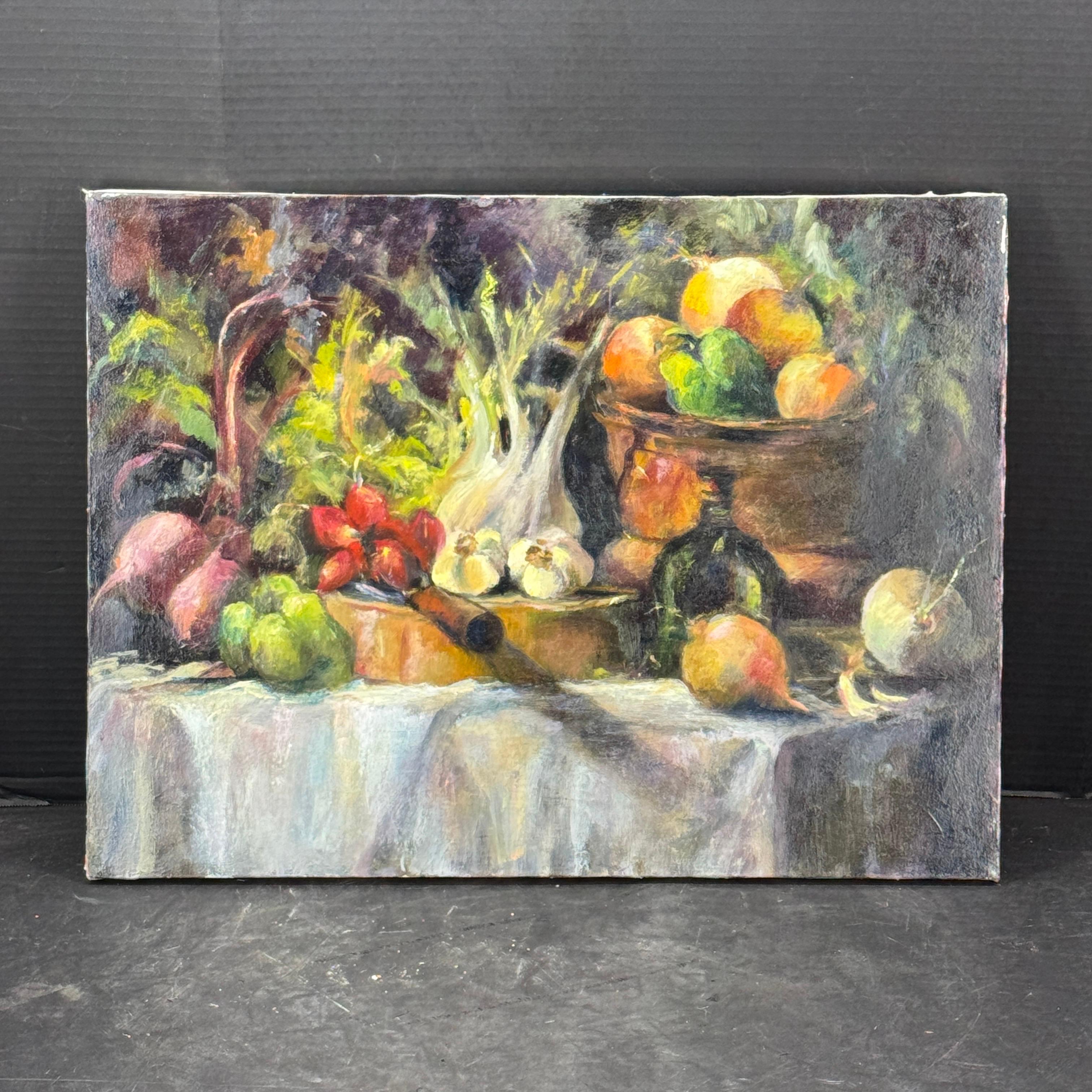 Pittura a olio francese su tela Natura morta con verdure in vendita 11