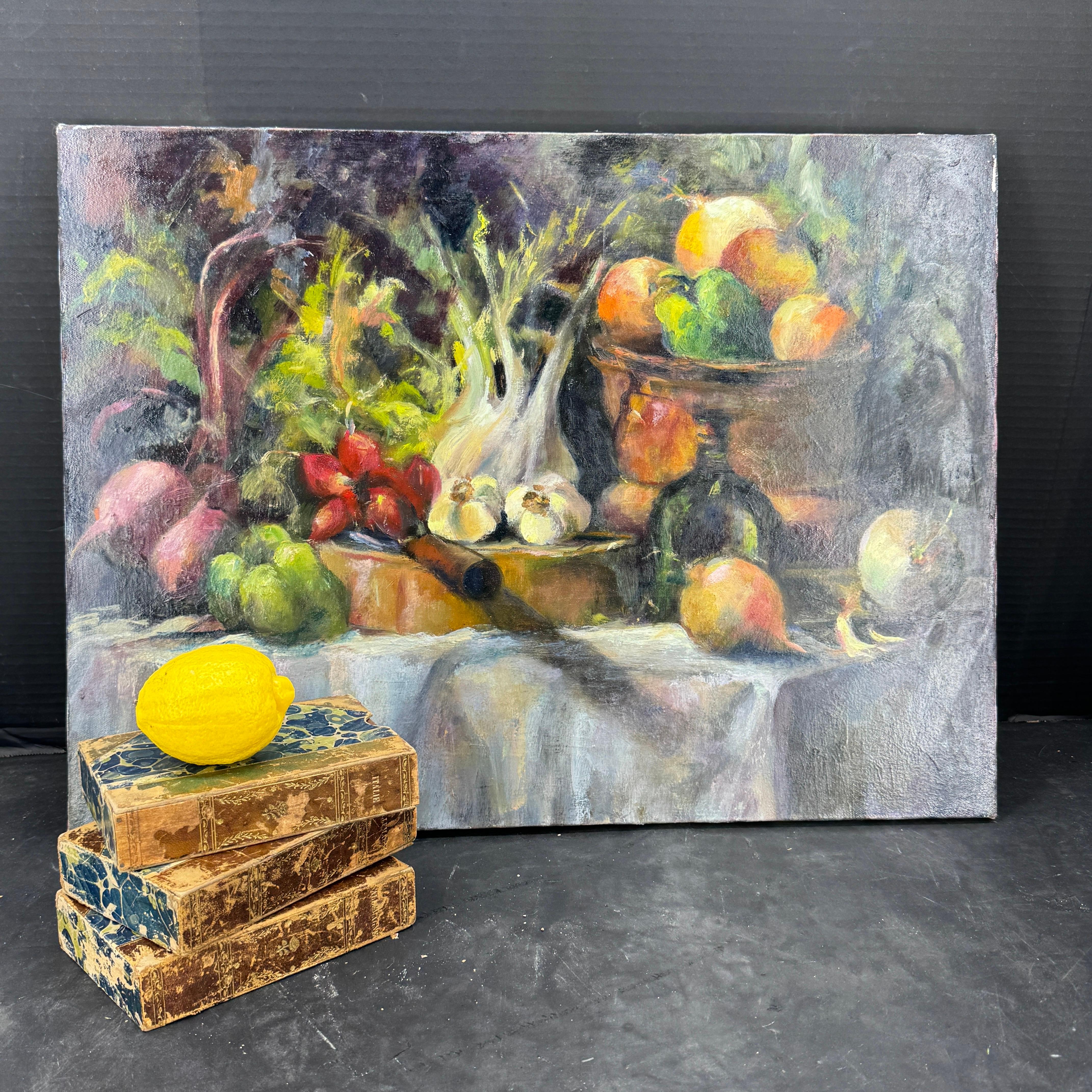 Stile provenzale Pittura a olio francese su tela Natura morta con verdure in vendita