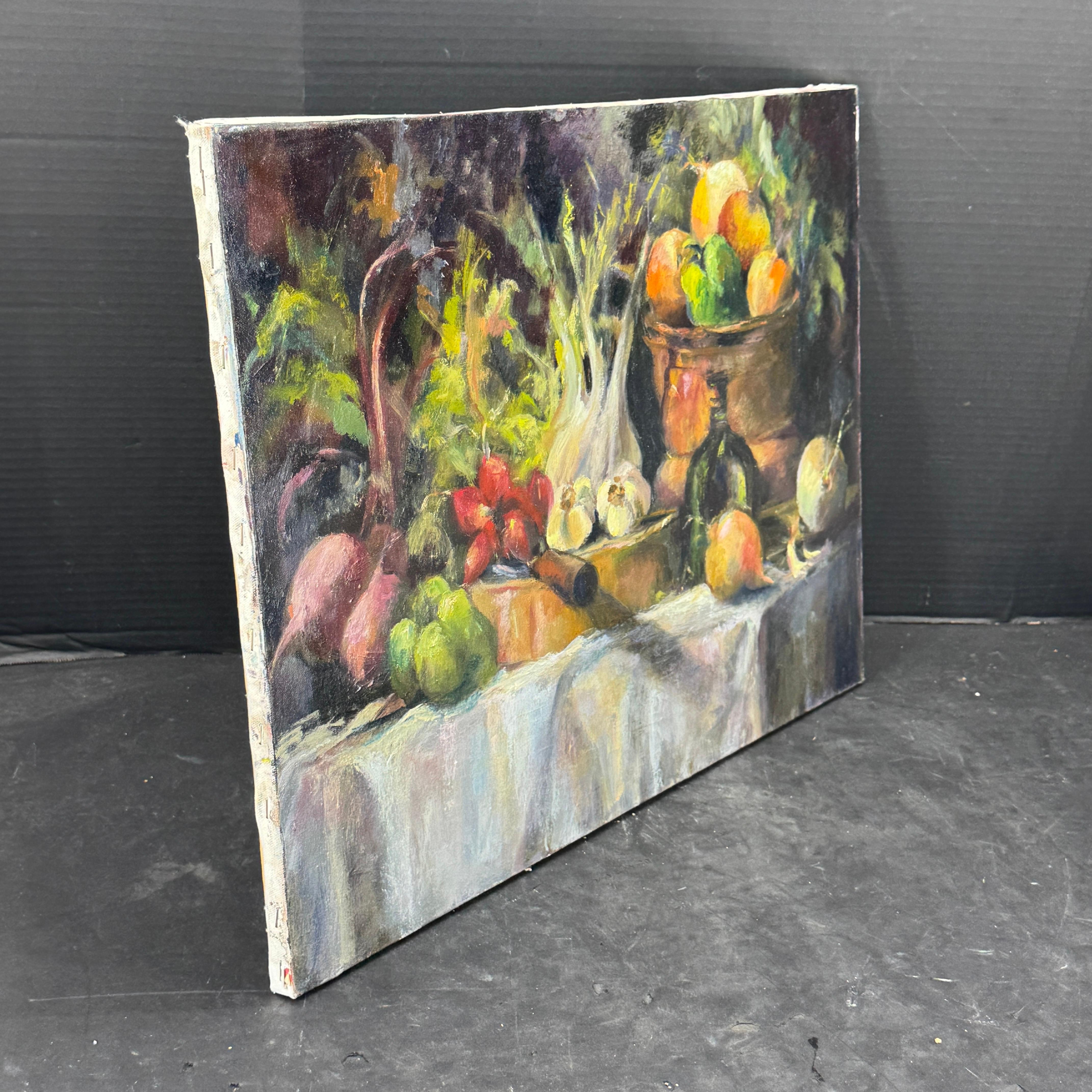Francese Pittura a olio francese su tela Natura morta con verdure in vendita