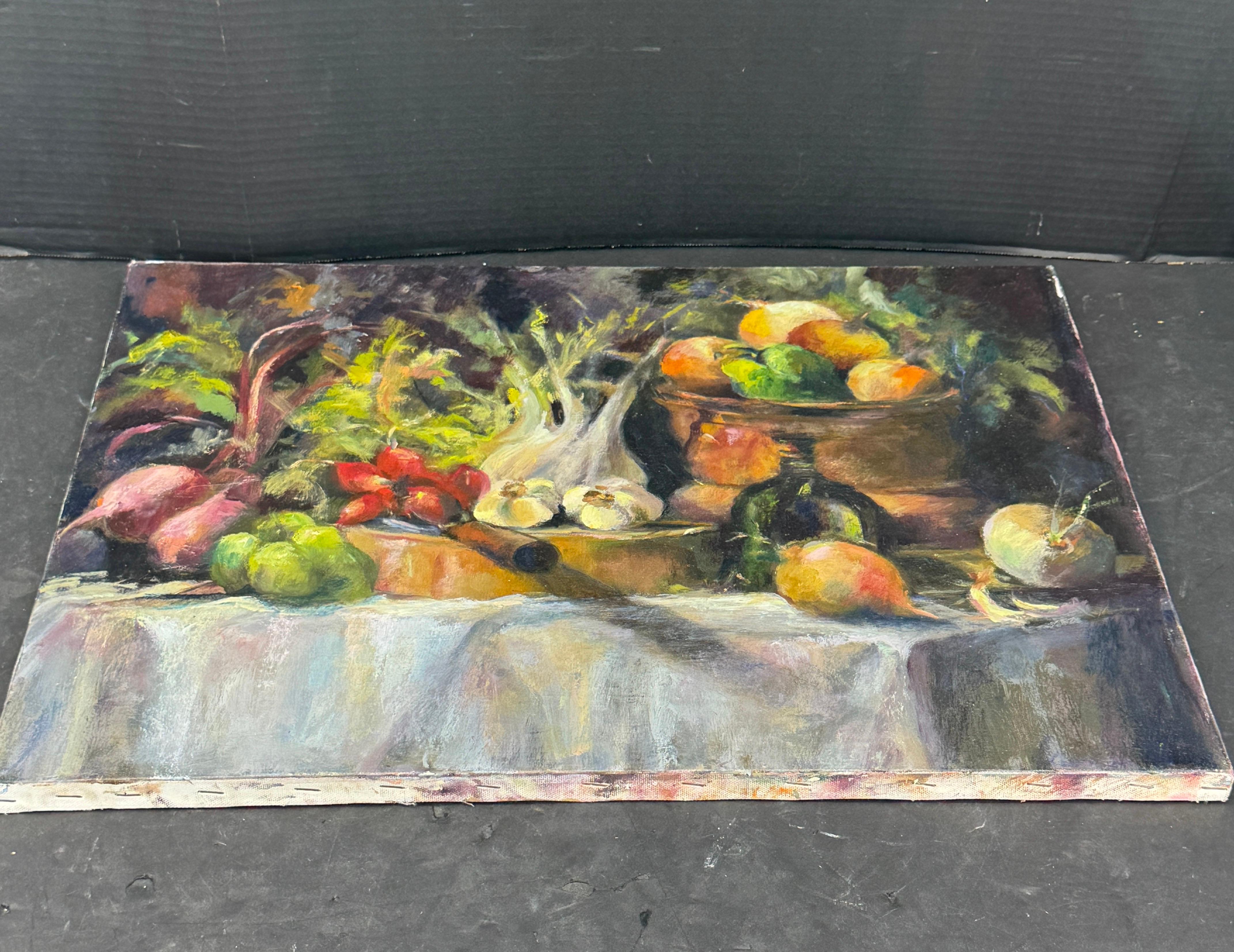 Tela Pittura a olio francese su tela Natura morta con verdure in vendita