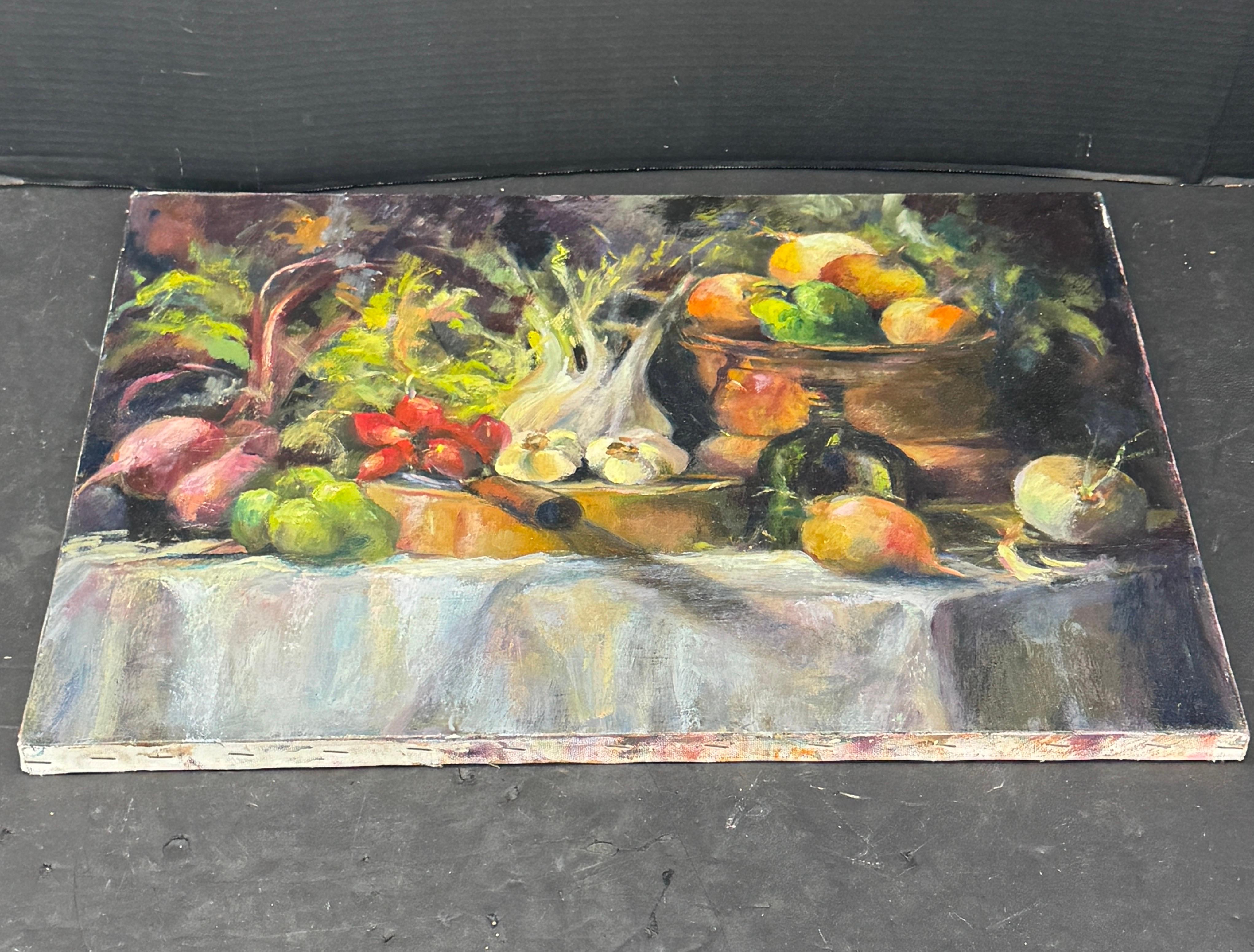 Pittura a olio francese su tela Natura morta con verdure in vendita 1