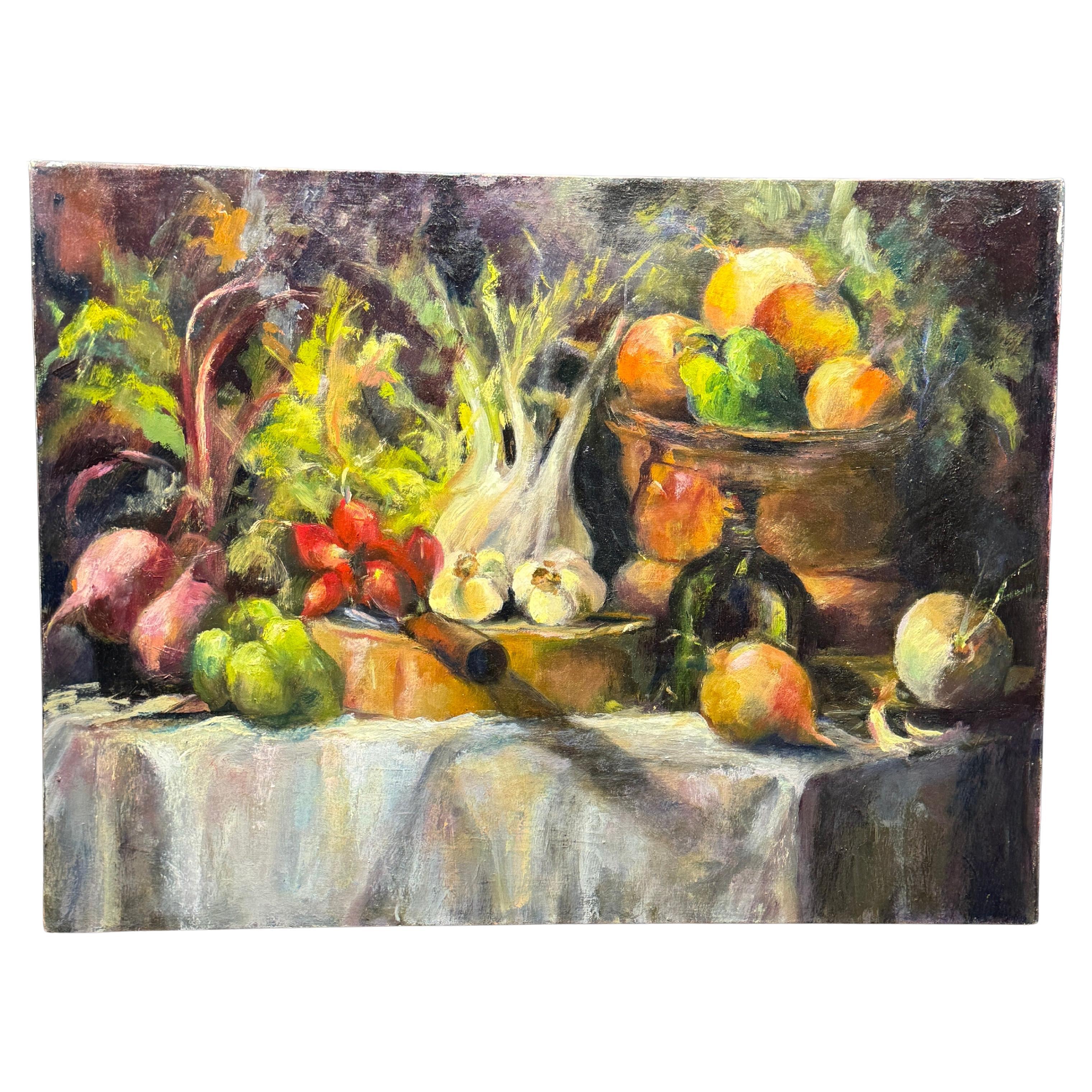 Pintura al Óleo Francesa sobre Lienzo Bodegón con Verduras
