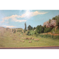 Dipinto a olio francese: paesaggio pastorale con pecore al pascolo, XIX secolo (firmato)