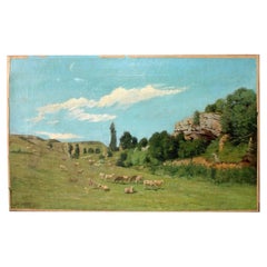 Dipinto a olio francese: paesaggio pastorale con pecore al pascolo, XIX secolo (firmato)