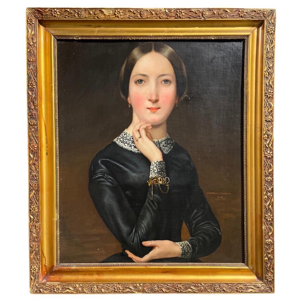 Peinture à l'huile française - Portrait de femme signée Vincent Ferraud 1848