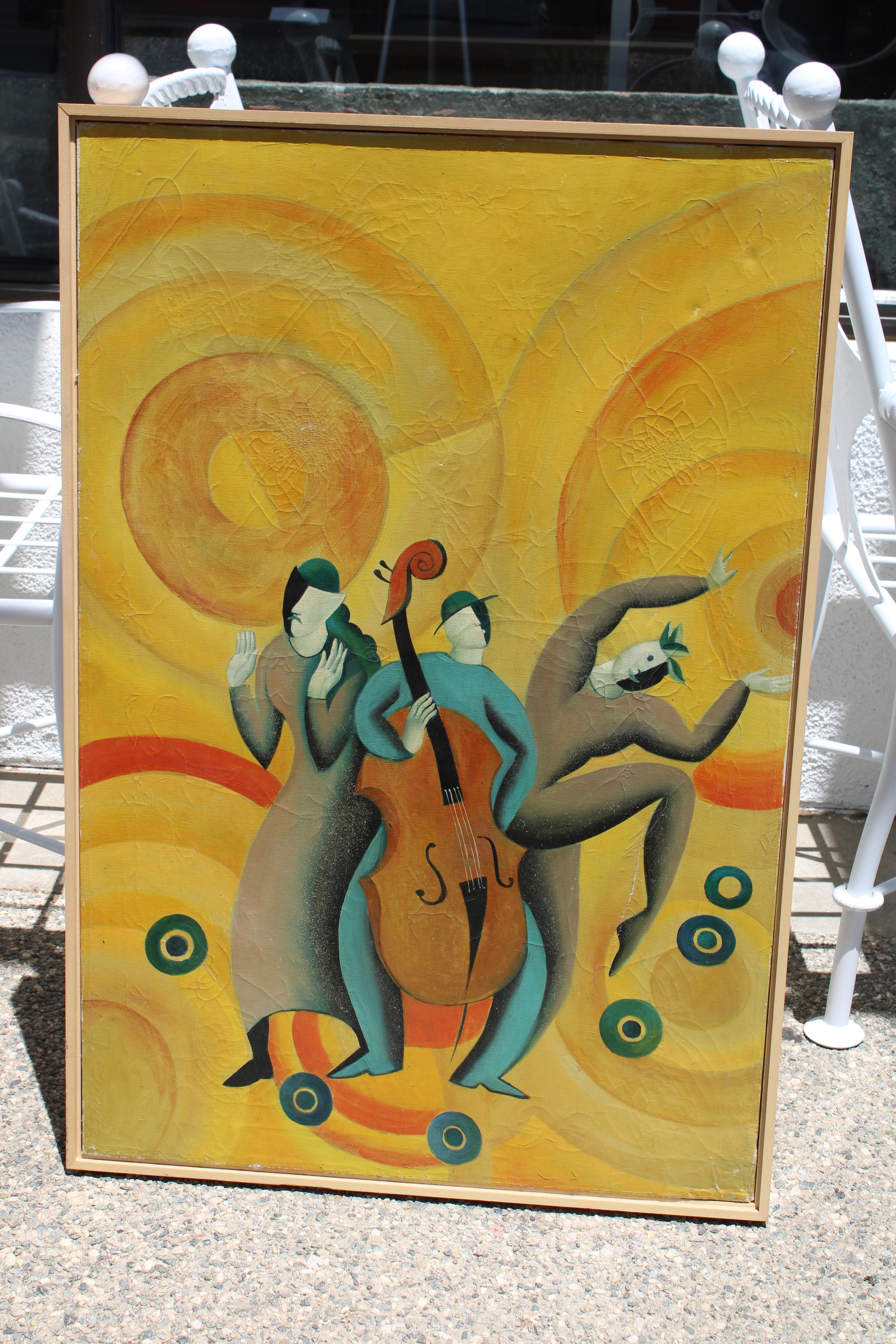 Peinture à l'huile fantaisiste intitulée Le Dance et datée de 1944.  L'impression mesure 25