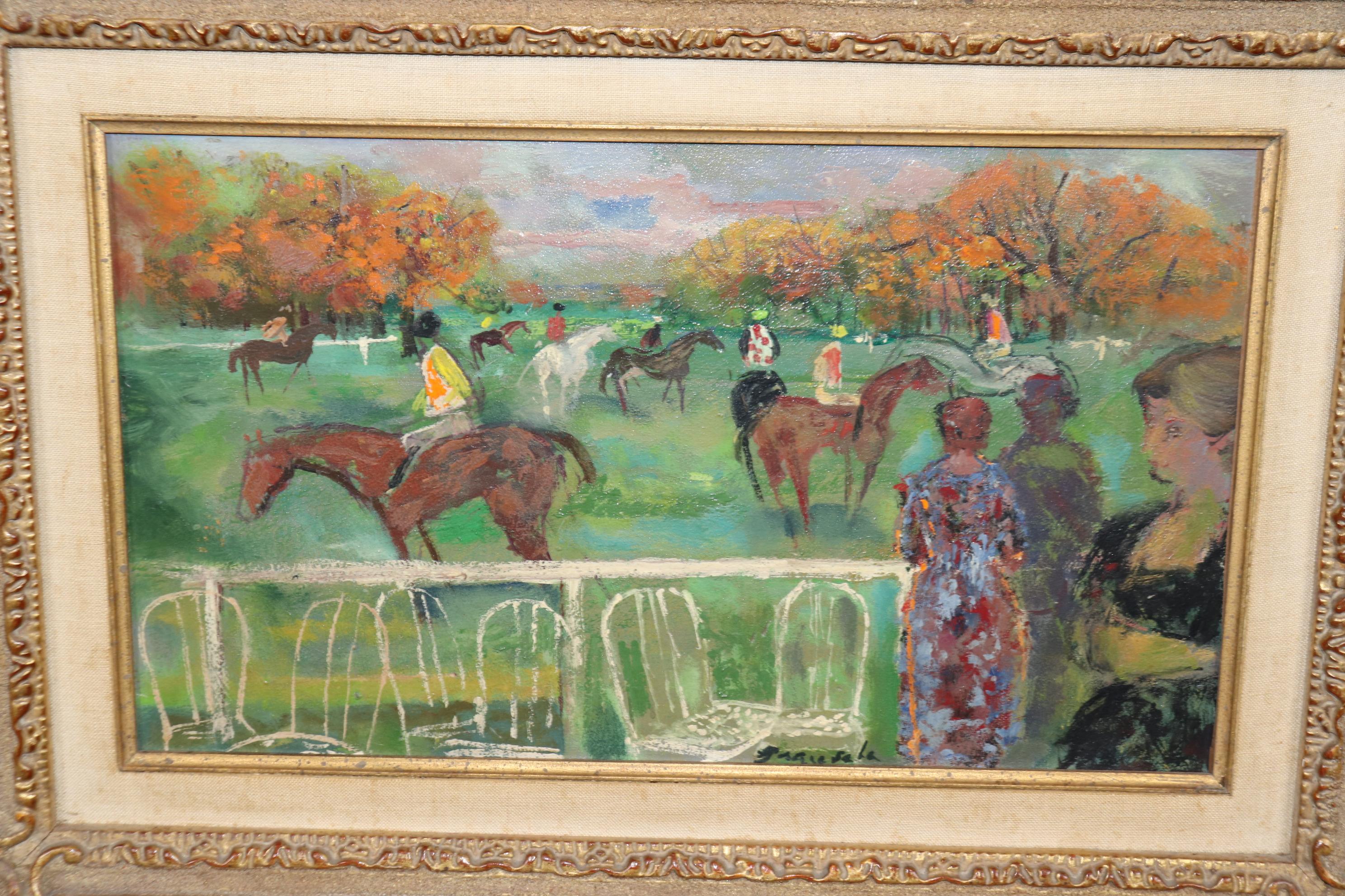 French Oil Panting on Canvas of Horse Race Scene By Emilio Grau Sala In Good Condition For Sale In Swedesboro, NJ