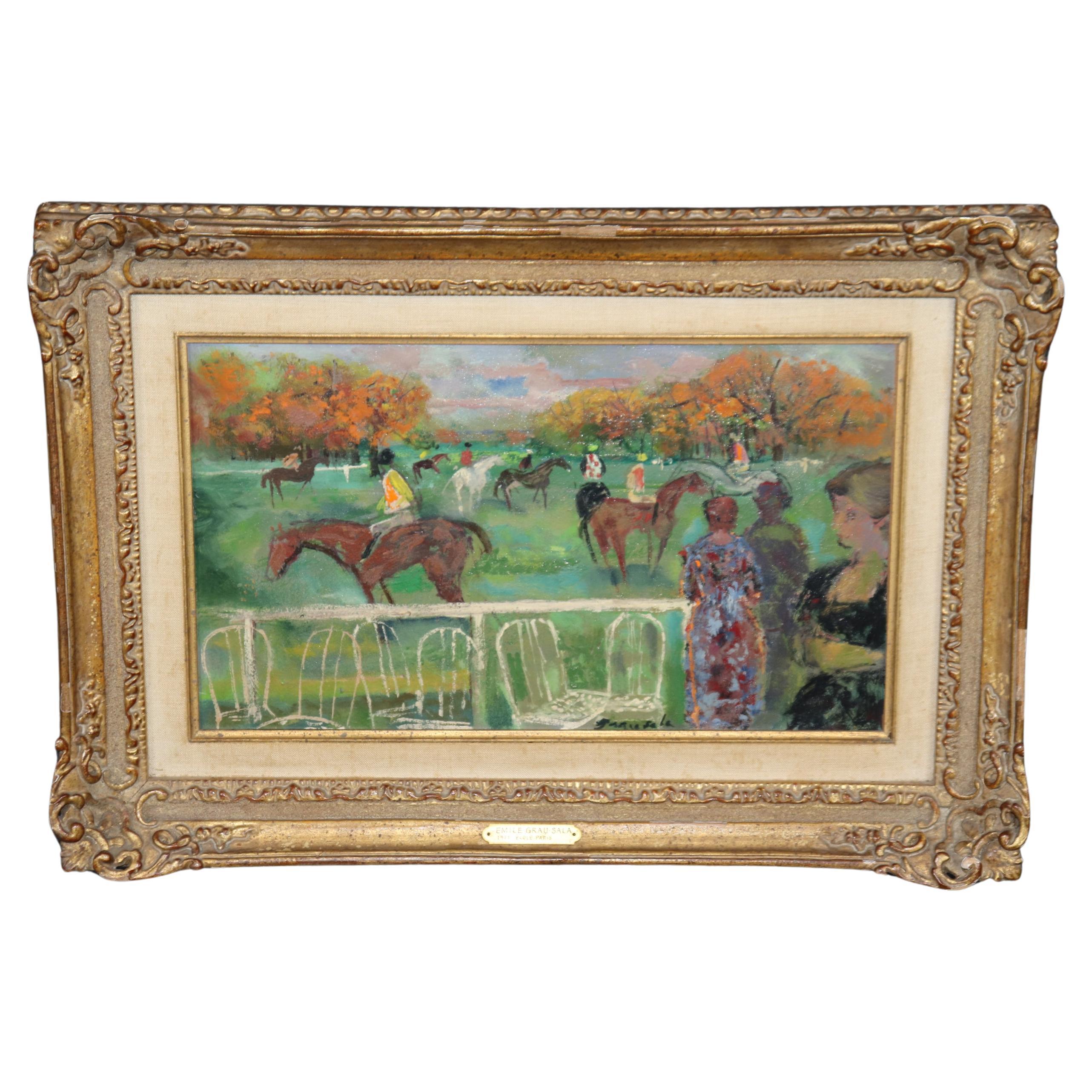 Peinture à l'huile française sur toile d'une scène de course de chevaux par Emilio Grau Sala