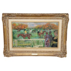 Peinture à l'huile française sur toile d'une scène de course de chevaux par Emilio Grau Sala
