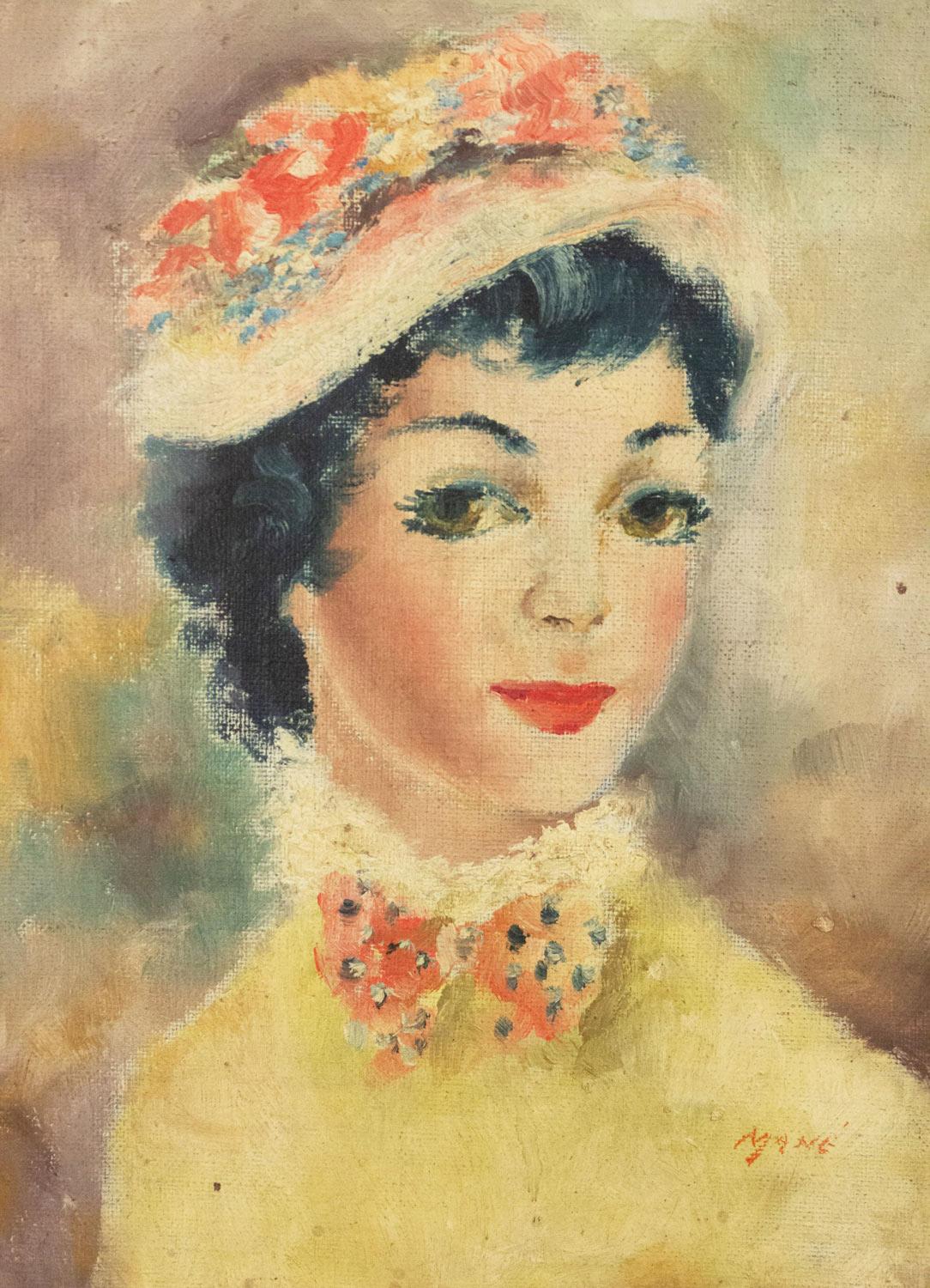 Art Déco Ritratto a olio francese di signora con cappello in vendita