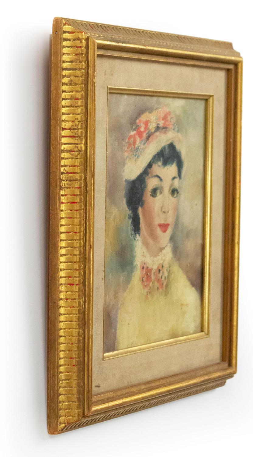 Dorato Ritratto a olio francese di signora con cappello in vendita