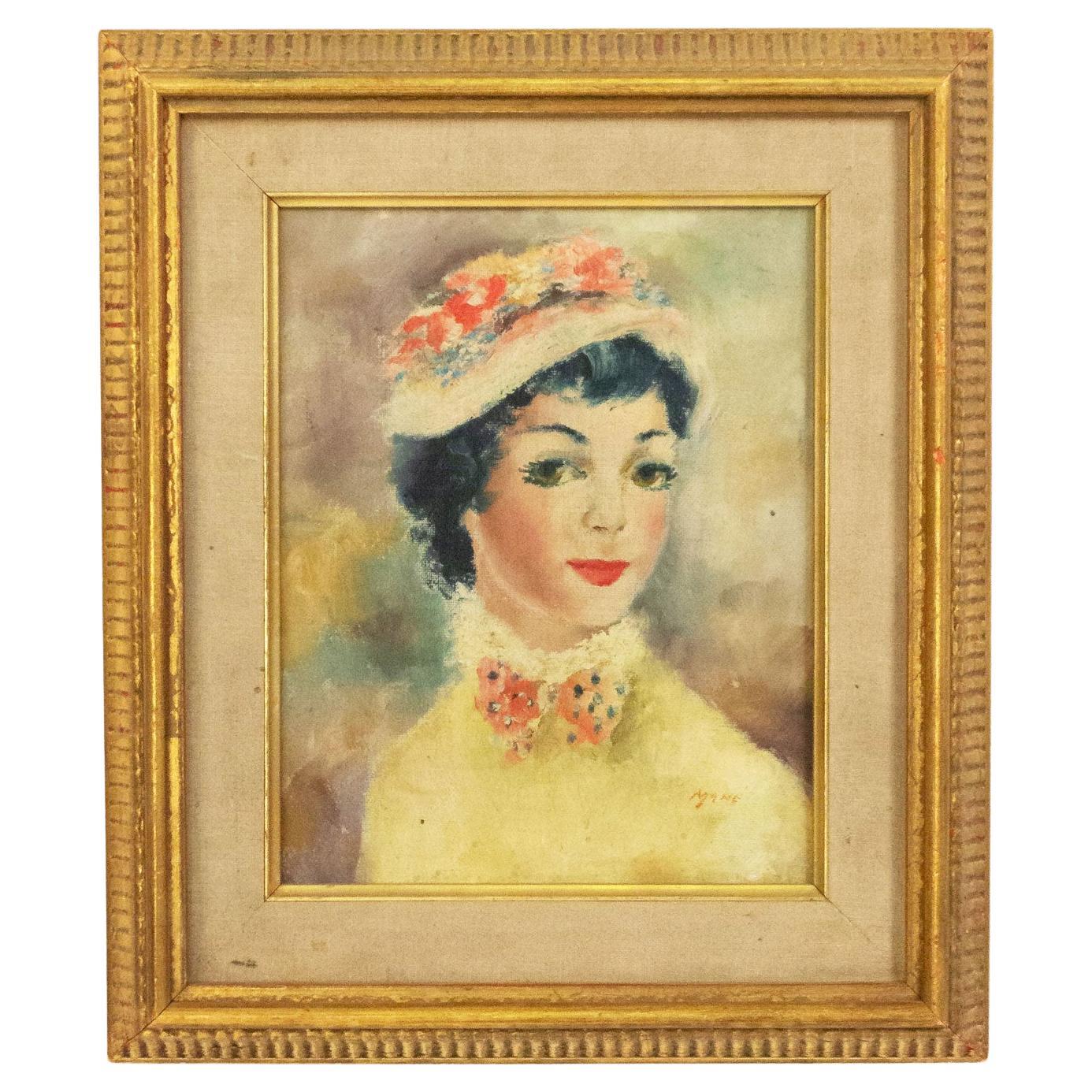 French Oil Portrait of Lady in a Hat