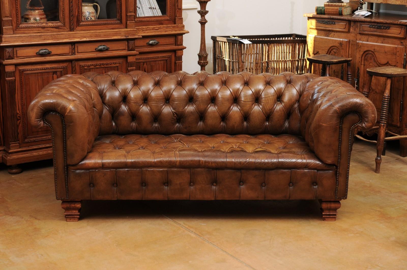 French Old Leather Tufted Chesterfield Sofa with Nailhead Trim, circa 1890 6