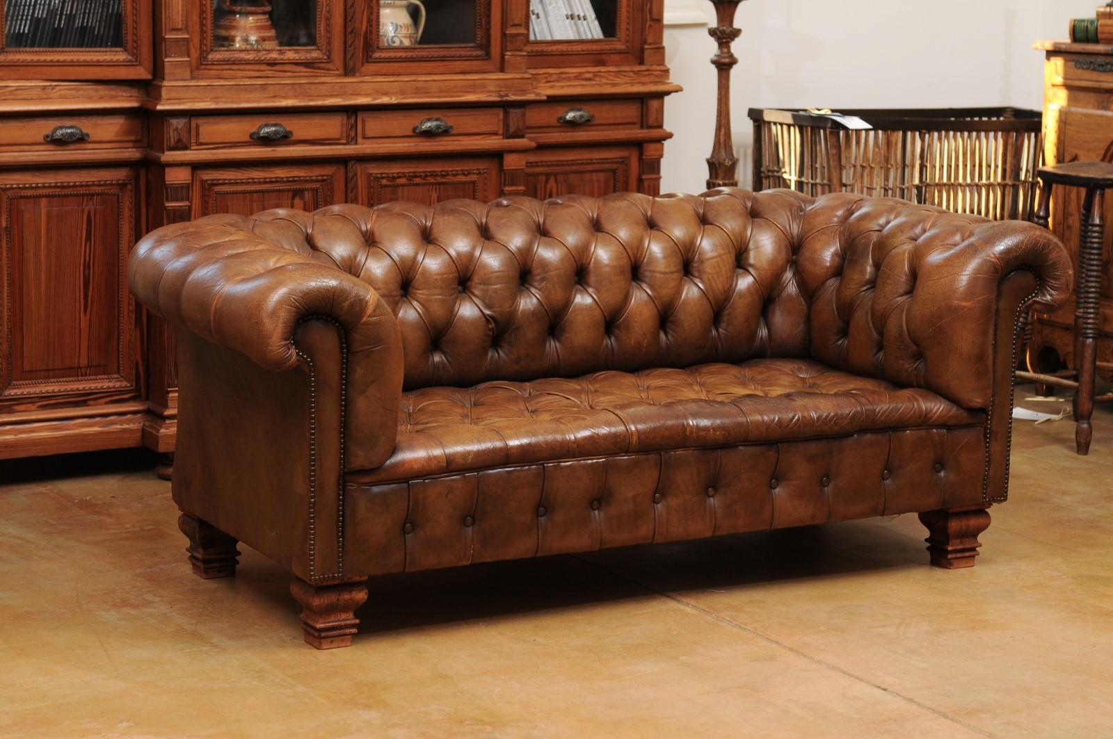 French Old Leather Tufted Chesterfield Sofa with Nailhead Trim, circa 1890 In Distressed Condition In Atlanta, GA