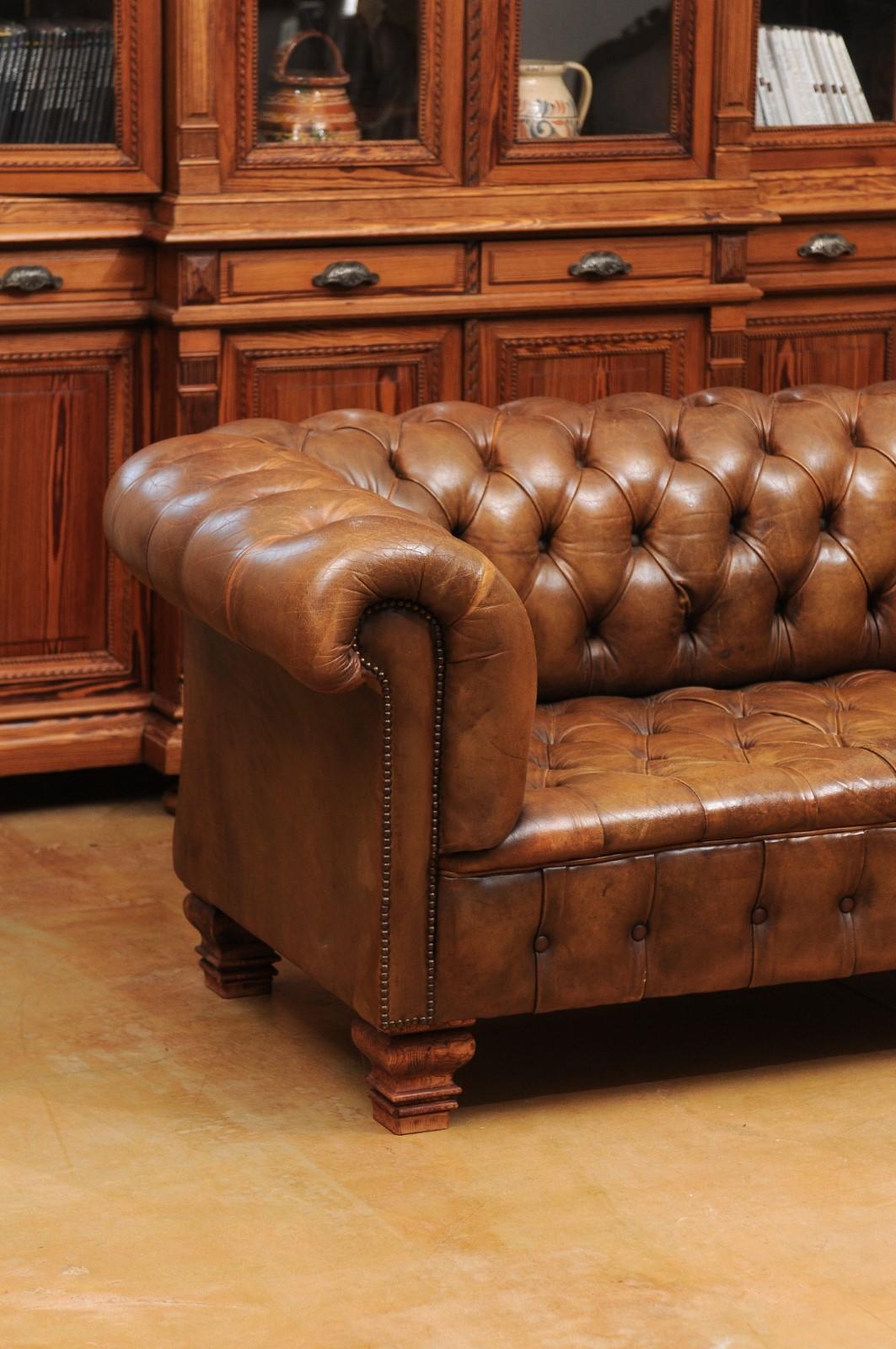 19th Century French Old Leather Tufted Chesterfield Sofa with Nailhead Trim, circa 1890