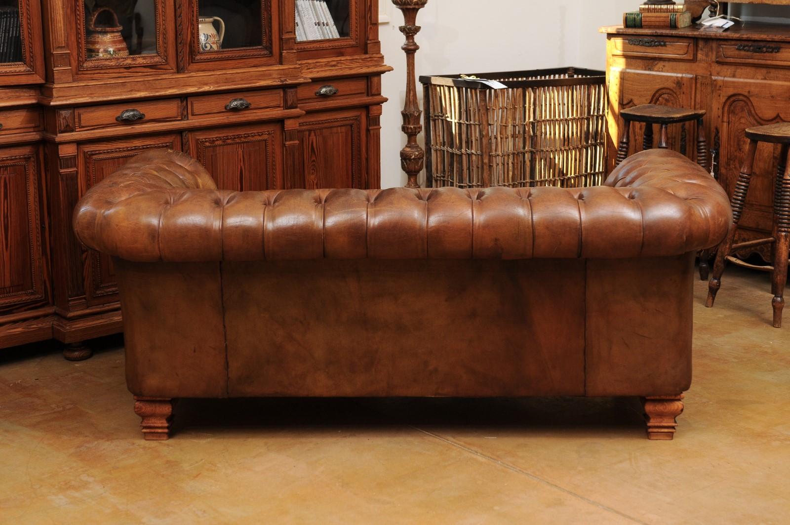 French Old Leather Tufted Chesterfield Sofa with Nailhead Trim, circa 1890 2