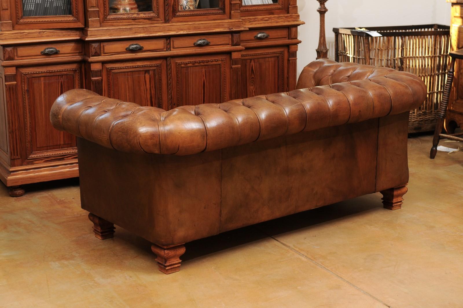 French Old Leather Tufted Chesterfield Sofa with Nailhead Trim, circa 1890 3