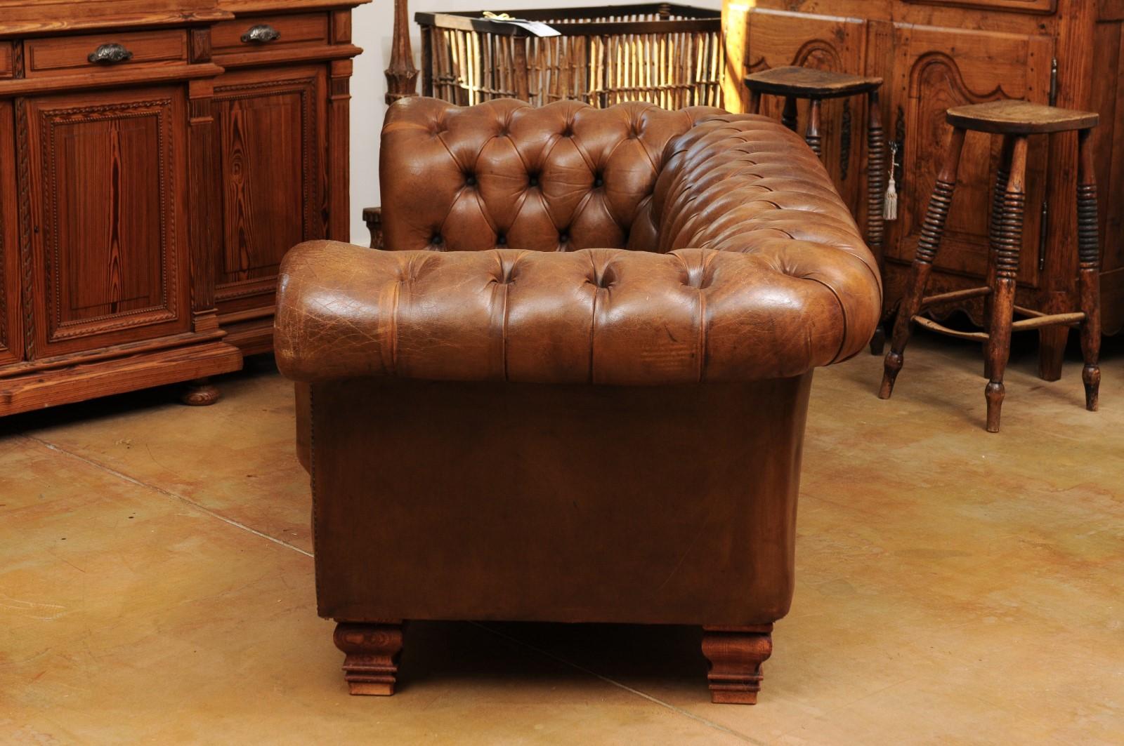 French Old Leather Tufted Chesterfield Sofa with Nailhead Trim, circa 1890 4