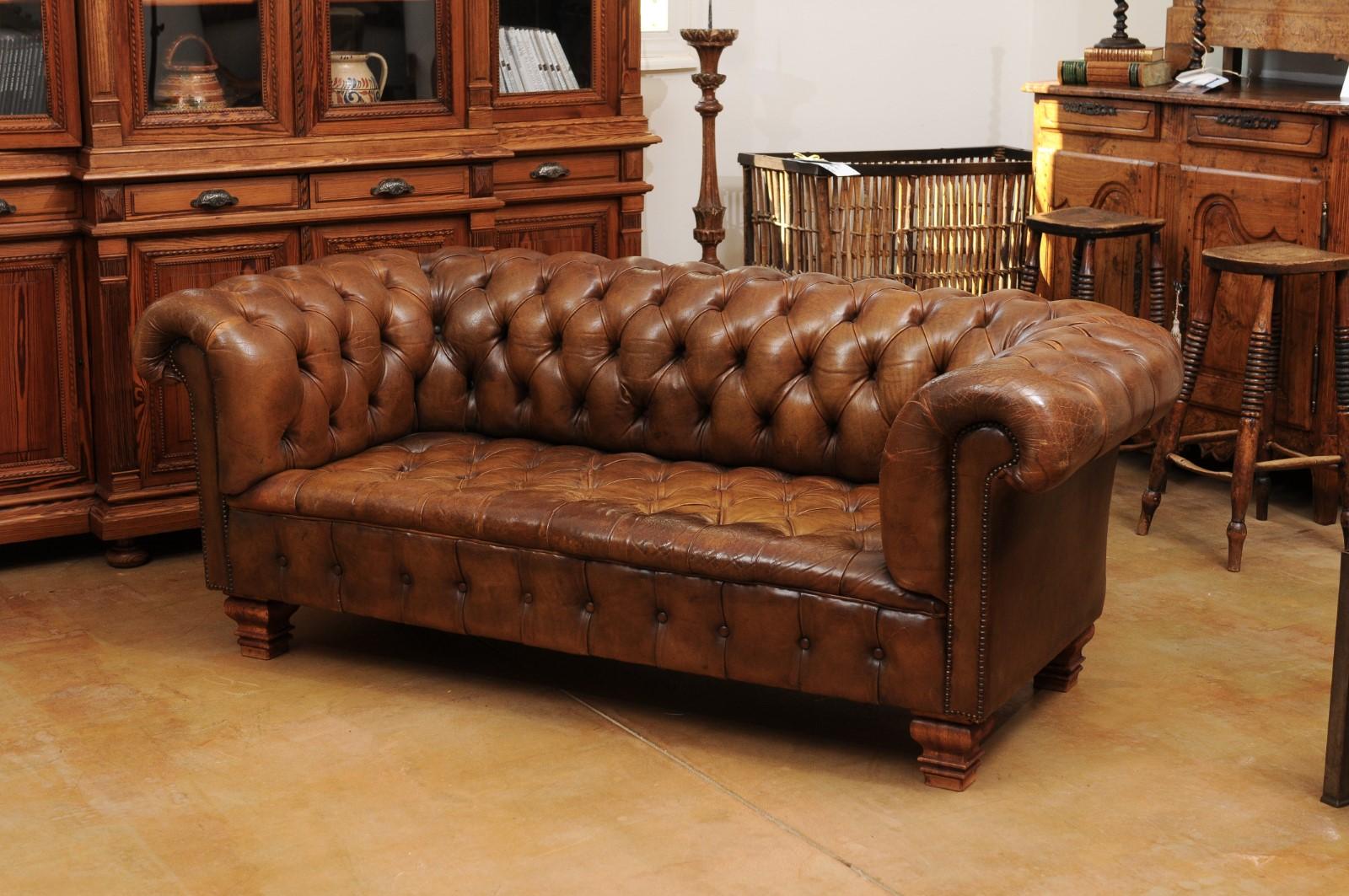 French Old Leather Tufted Chesterfield Sofa with Nailhead Trim, circa 1890 5