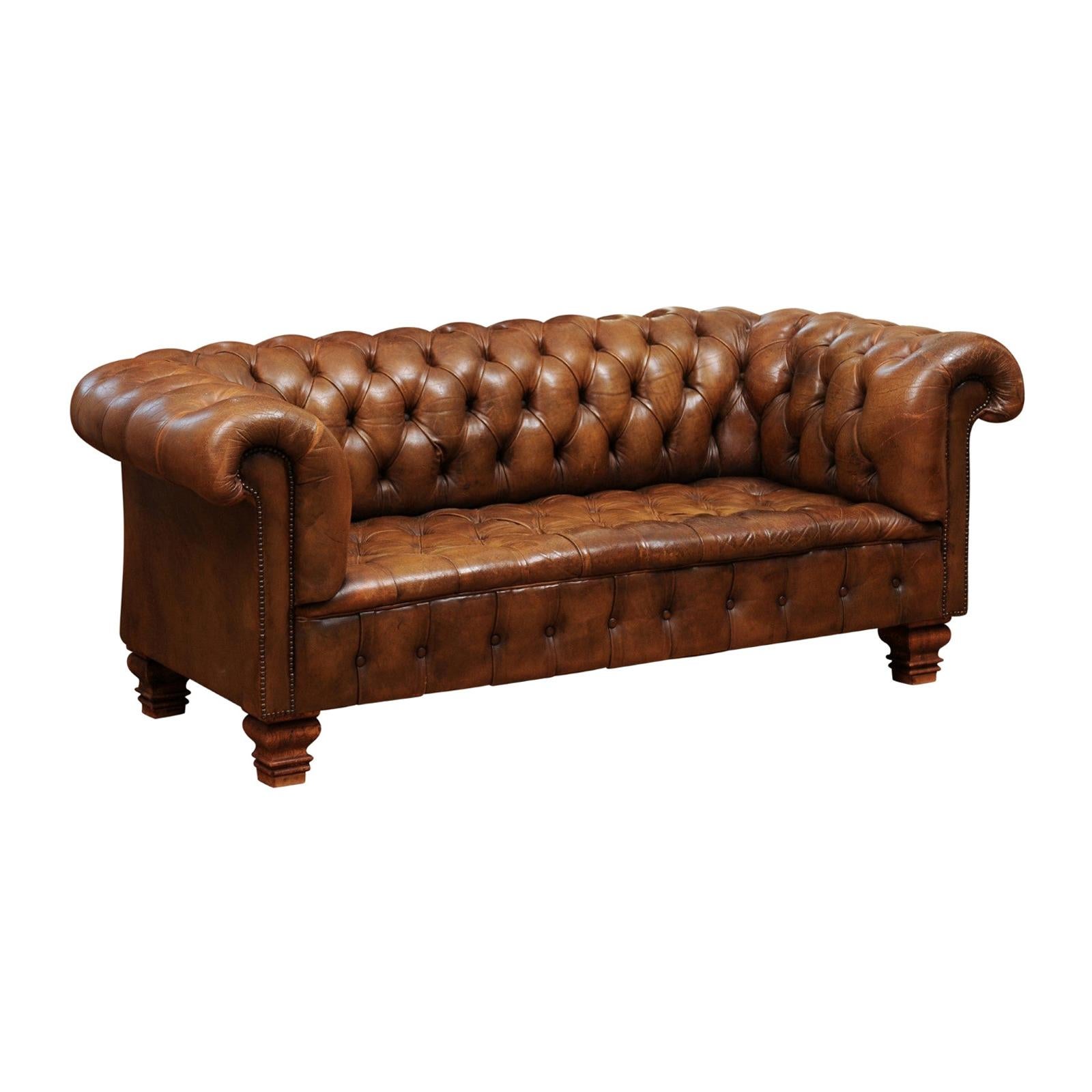 French Old Leather Tufted Chesterfield Sofa with Nailhead Trim, circa 1890
