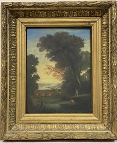 19th CENTURY FRENCH OIL IN GILT FRAME - FIGURES IN CLASSICAL LANDSCAPE/ BRIDGE