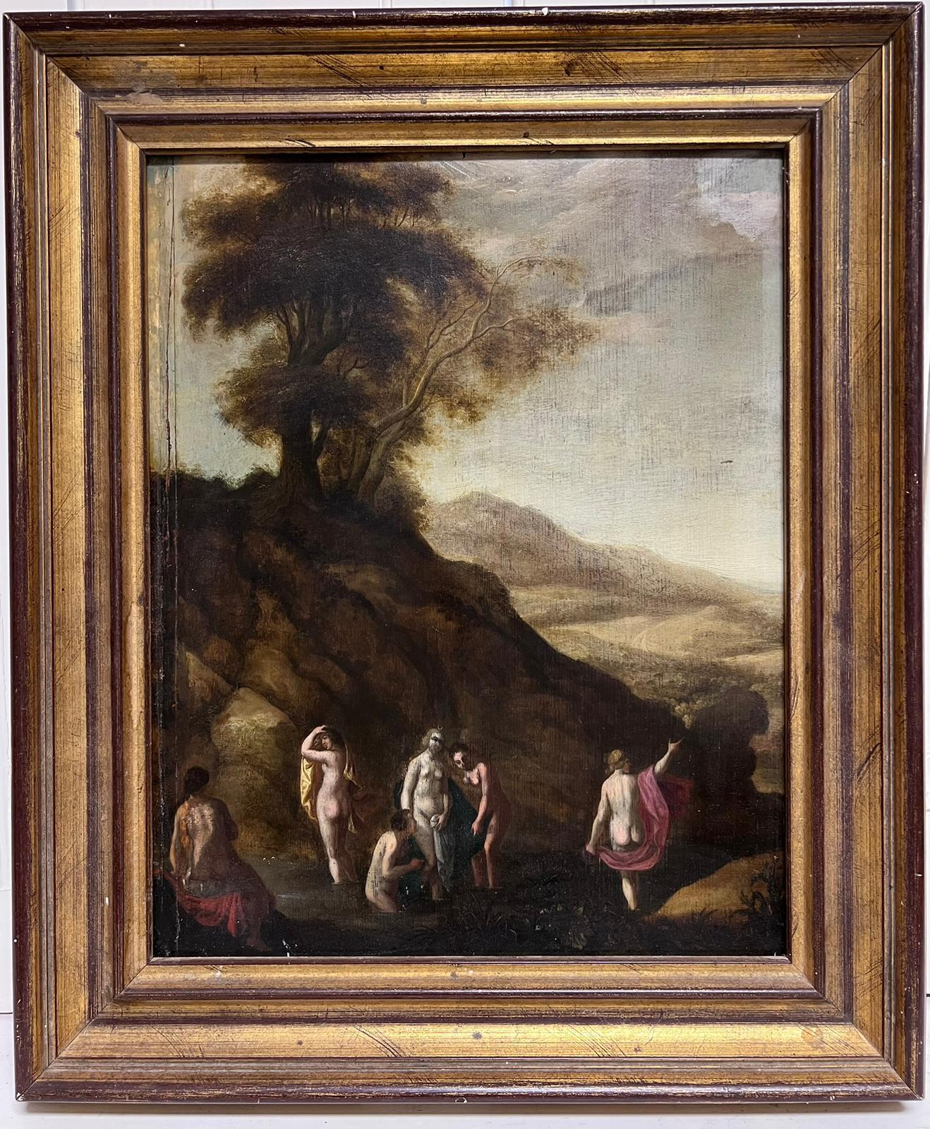 French Old Master 17th Century Figurative Painting - 1600's French Old Master Oil Painting Nude Figures in Landscape Oil on Panel