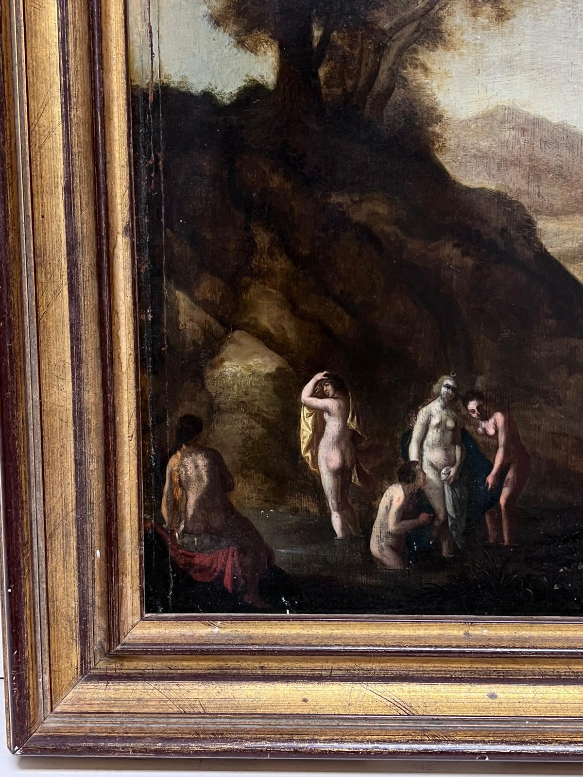 Nude Figures in Wooded Landscape
French School, 17th century
oil on wood panel, framed
framed: 25.5 x 21.5 inches
board: 20 x 15.5 inches
provenance: private collection, France
condition: very good and sound condition though with obvious age related