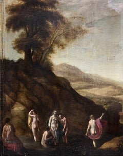 1600's French Old Master Oil Painting Nude Figures in Landscape Oil on Panel