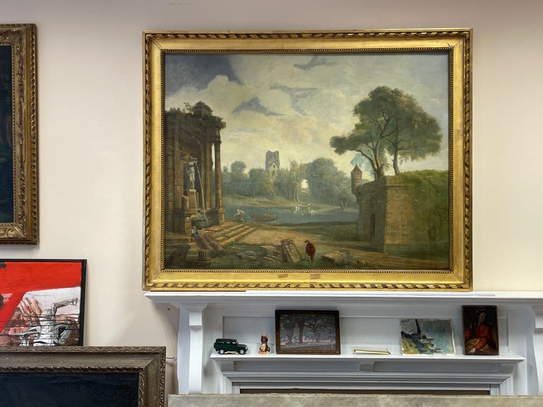 Huge Classical Roman Ruins in Arcadian Landscape, 18th Century French Oil - Painting by French Old Master
