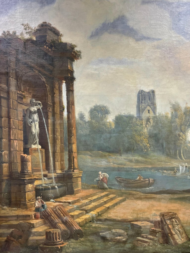 Huge Classical Roman Ruins in Arcadian Landscape, 18th Century French Oil - Brown Landscape Painting by French Old Master