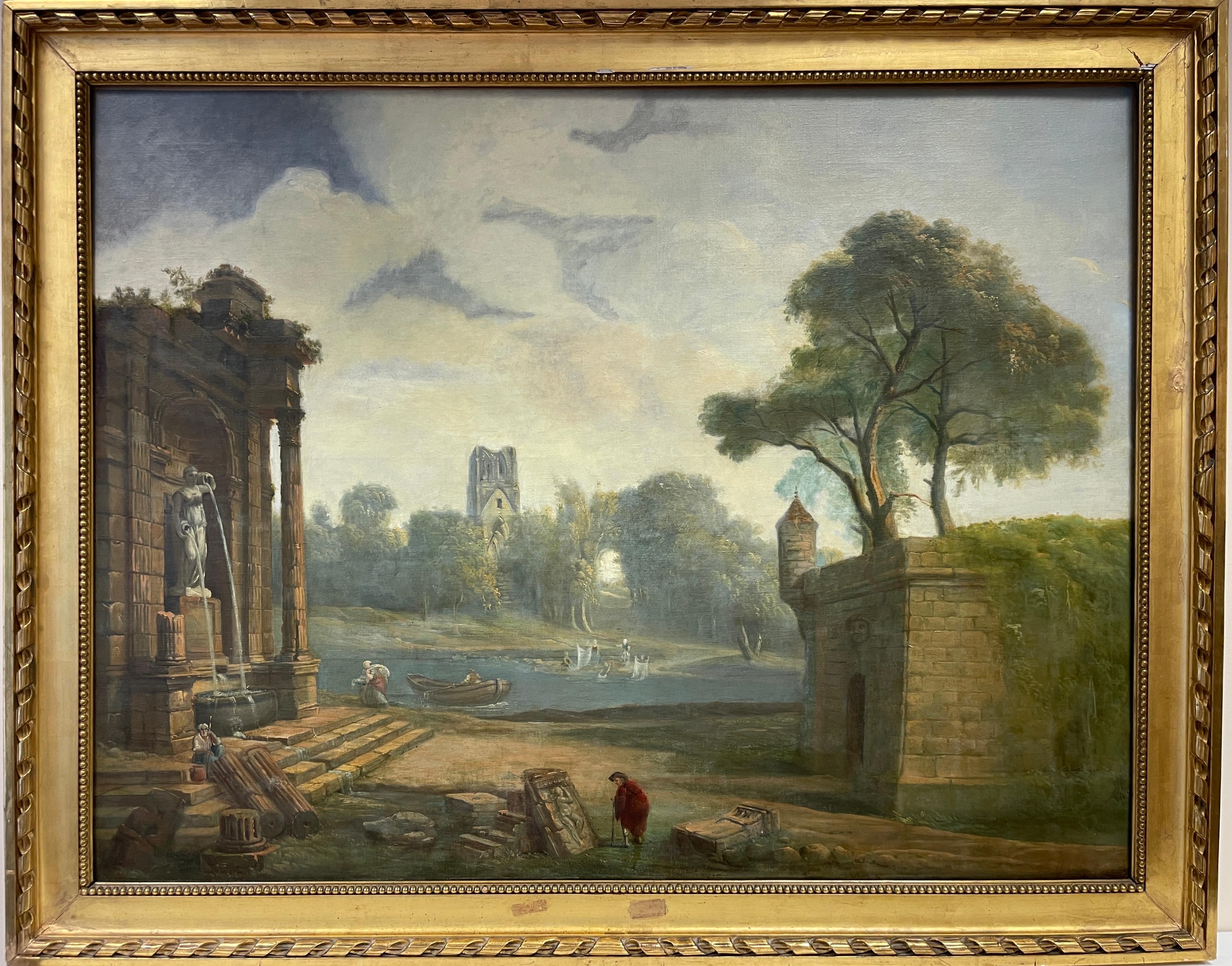 French Old Master Landscape Painting - Huge Classical Roman Ruins in Arcadian Landscape, 18th Century French Oil
