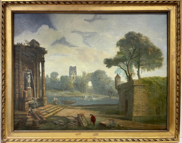 French Old Master Landscape Painting - Huge Classical Roman Ruins in Arcadian Landscape, 18th Century French Oil