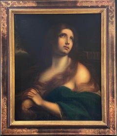 Gran óleo French Old Master del siglo XVIII La Magdalena penitente