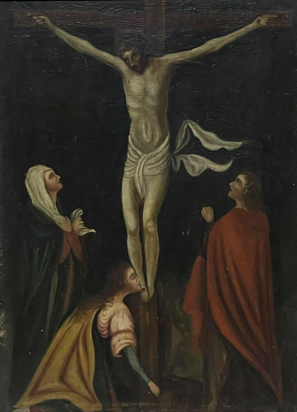 Unknown Landscape Painting - 19th Century French Old Master Oil Painting The Crucifixion Christ on the Cross