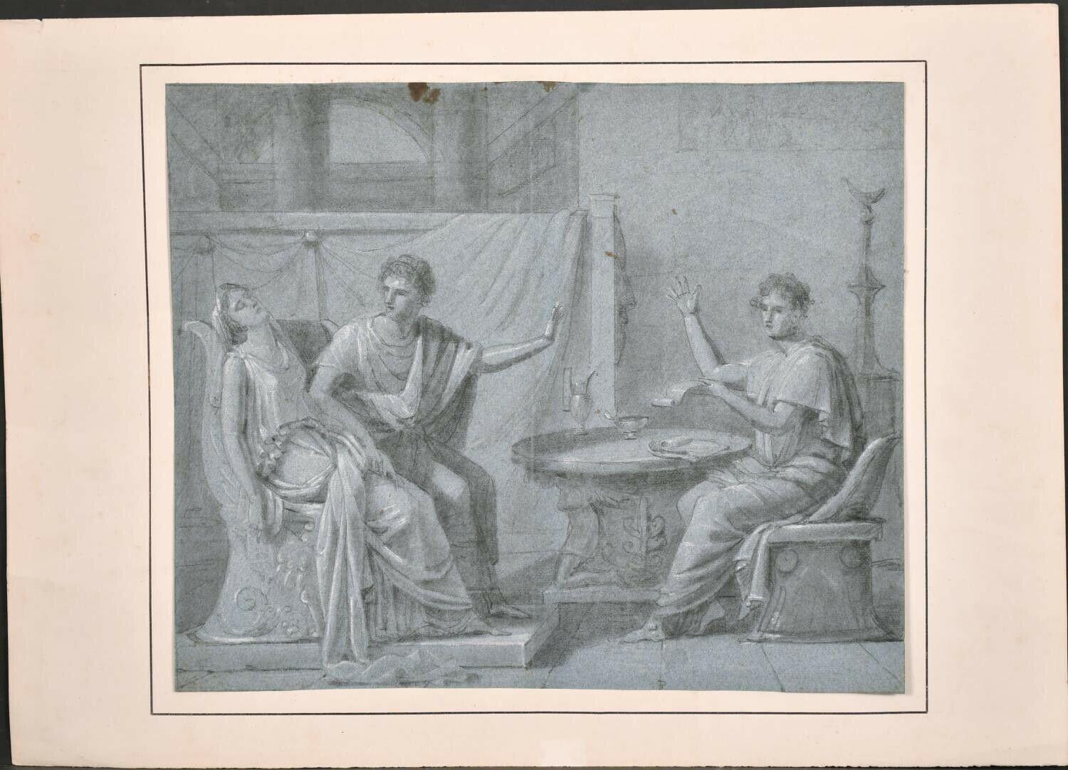 FINE 18th CENTURY OLD MASTER CHALK DRAWING - ROMANESQUE FIGURES INTERIOR SCENE - Painting by Unknown