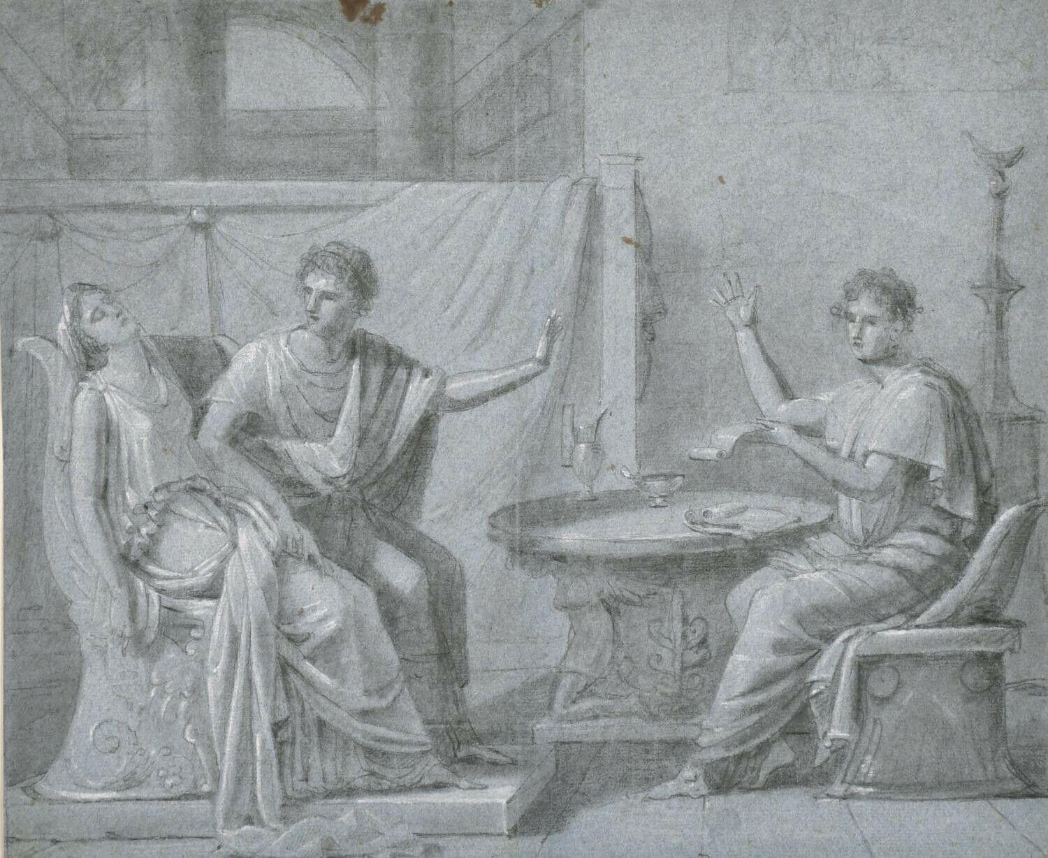 EXCELENTE DIBUJO A PIZARRA DEL SIGLO XVIII - FIGURAS ROMÁNICAS ESCENA INTERIOR