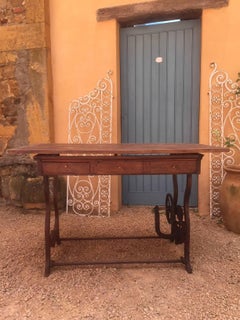 French Old Metal Machine Base and Wood Top Table, 1950s